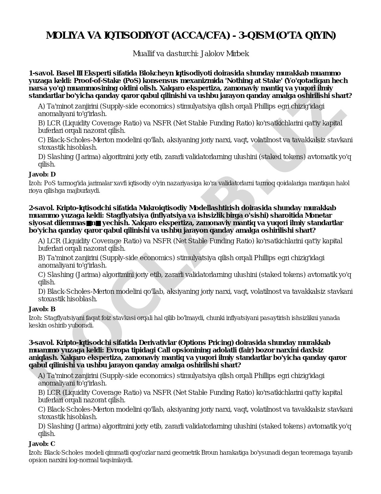 Moliya va iqtisodiyot (ACCA/CFA) - 3-qism (o'ta qiyin)