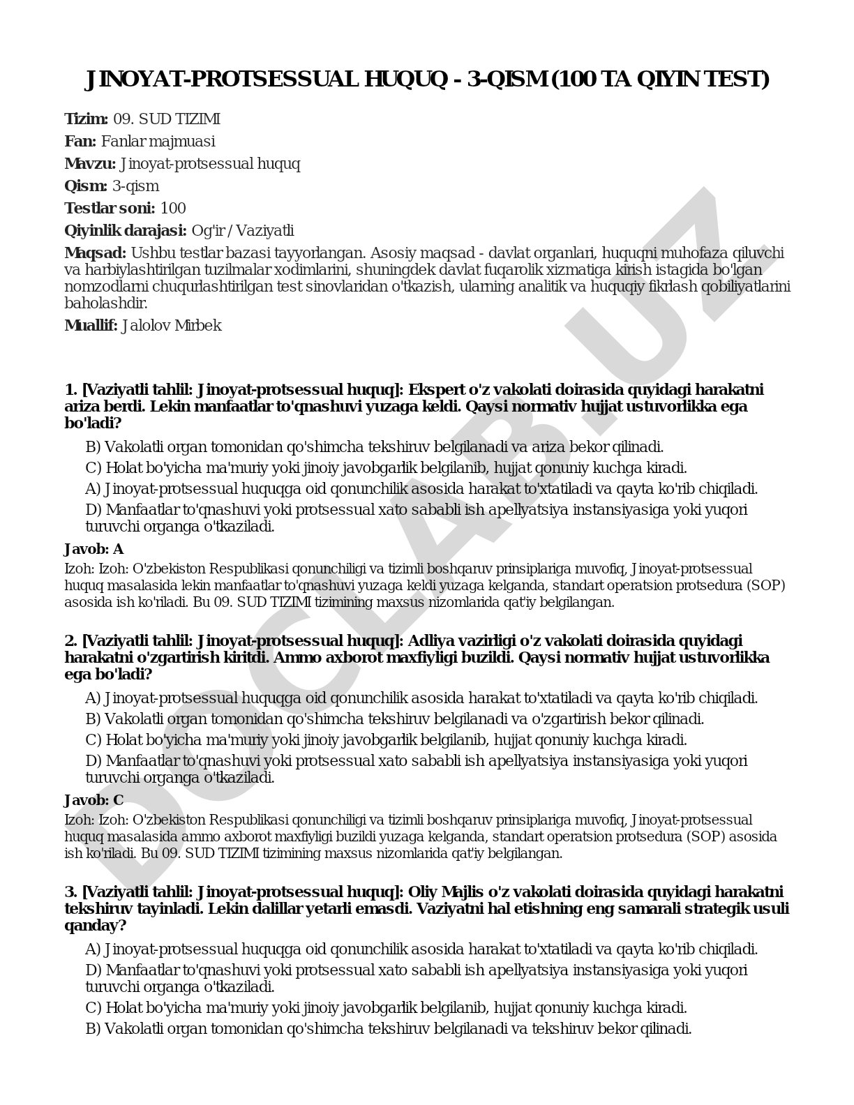 Jinoyat-protsessual huquq - 3-qism (100 ta qiyin test)