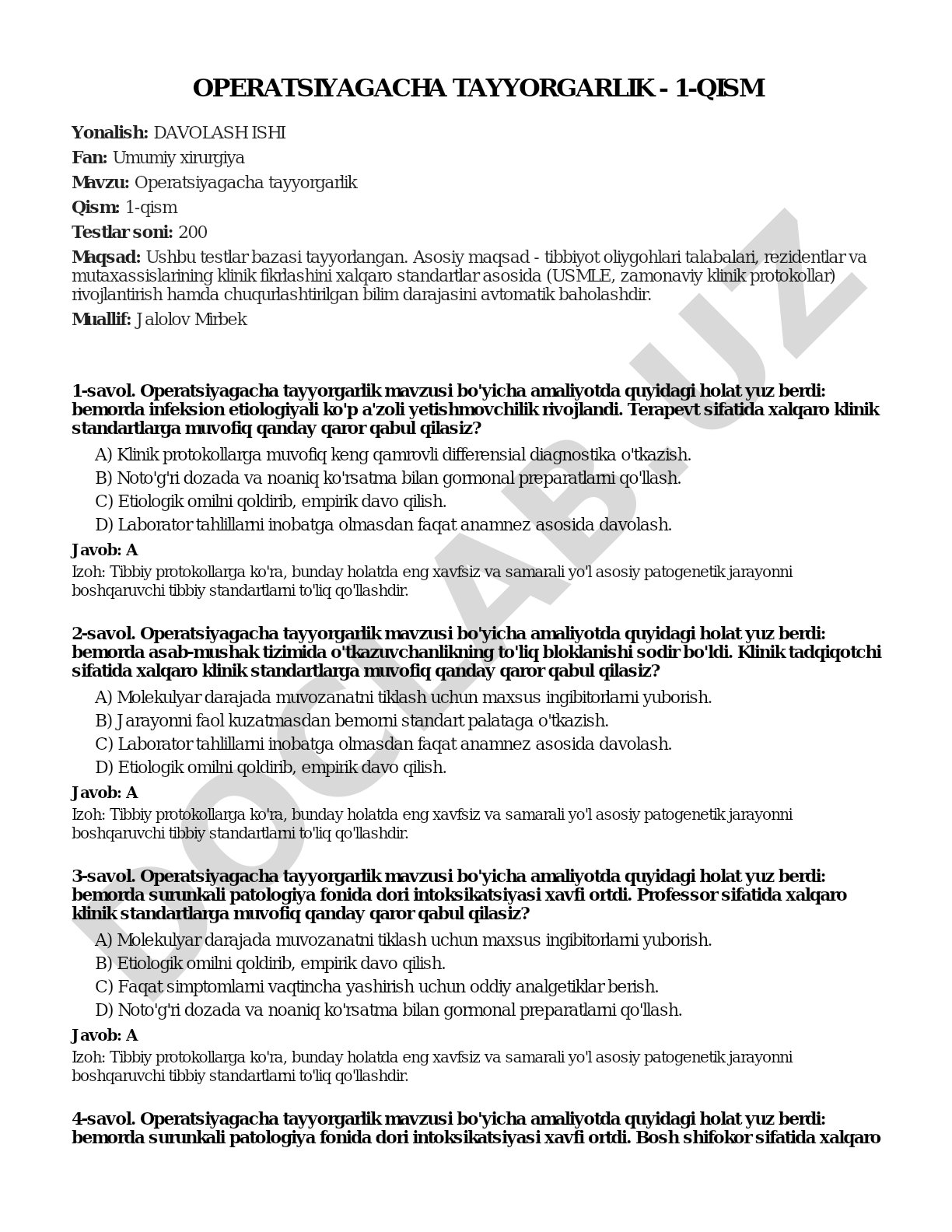 Operatsiyagacha tayyorgarlik - 1-qism