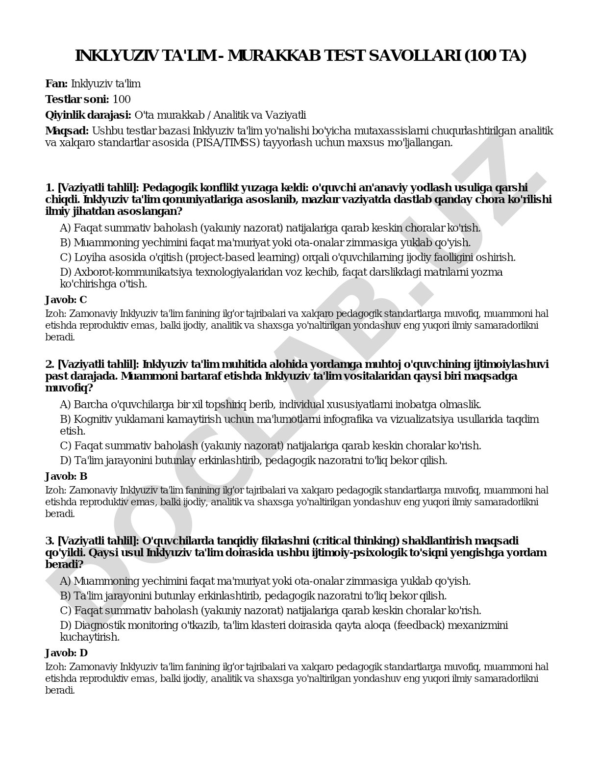 Inklyuziv ta'lim - murakkab test savollari (100 ta)