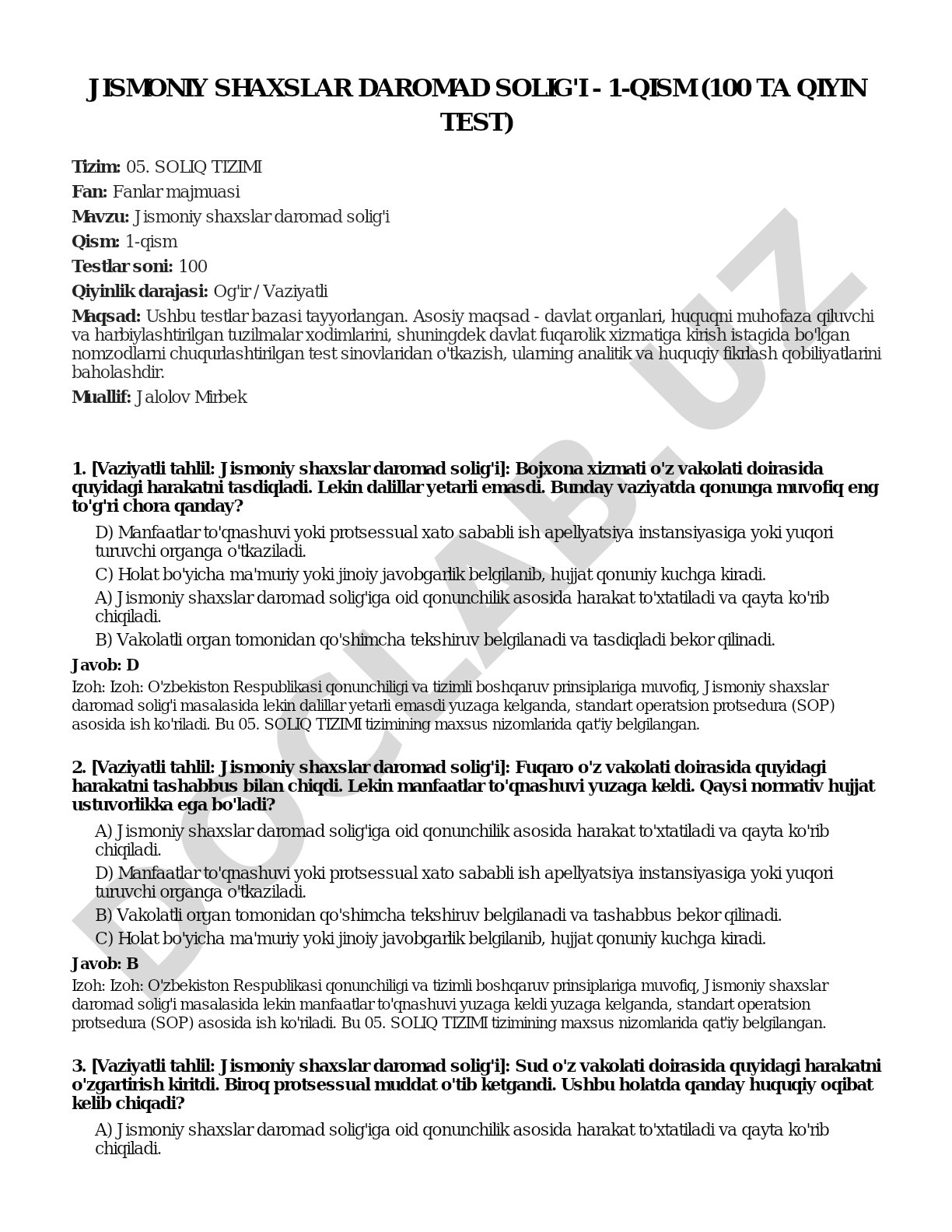 Jismoniy shaxslar daromad solig'i - 1-qism (100 ta qiyin test)
