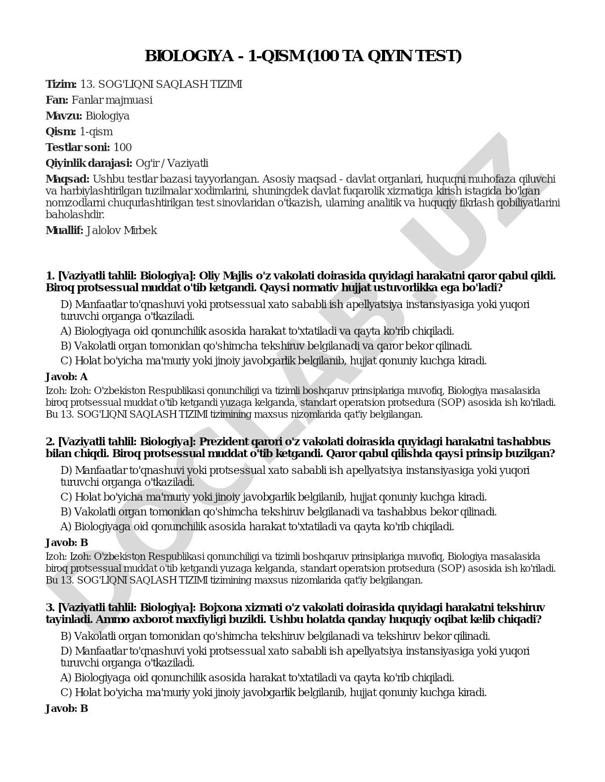 Biologiya - 1-qism (100 ta qiyin test)