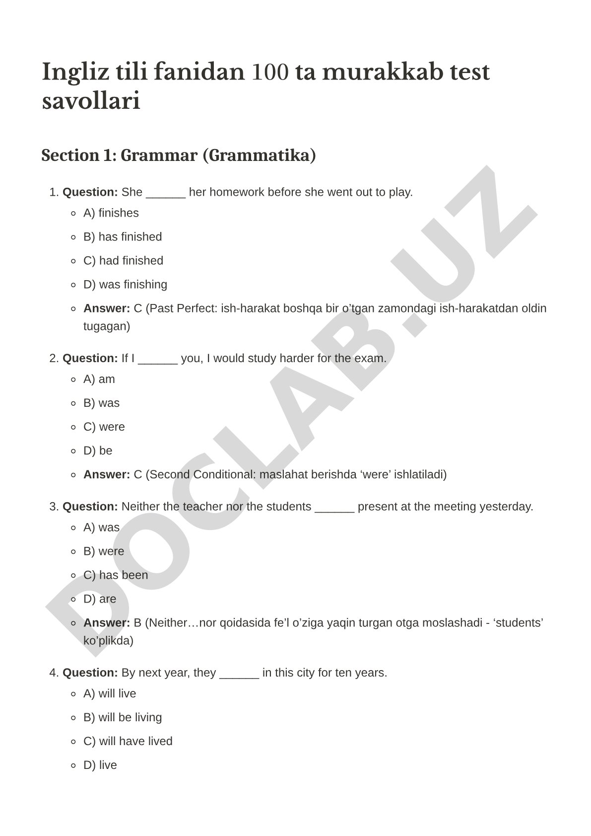 Ingliz tili fanidan 100 ta murakkab test savollari Section 1: Grammar (Grammatika) 1