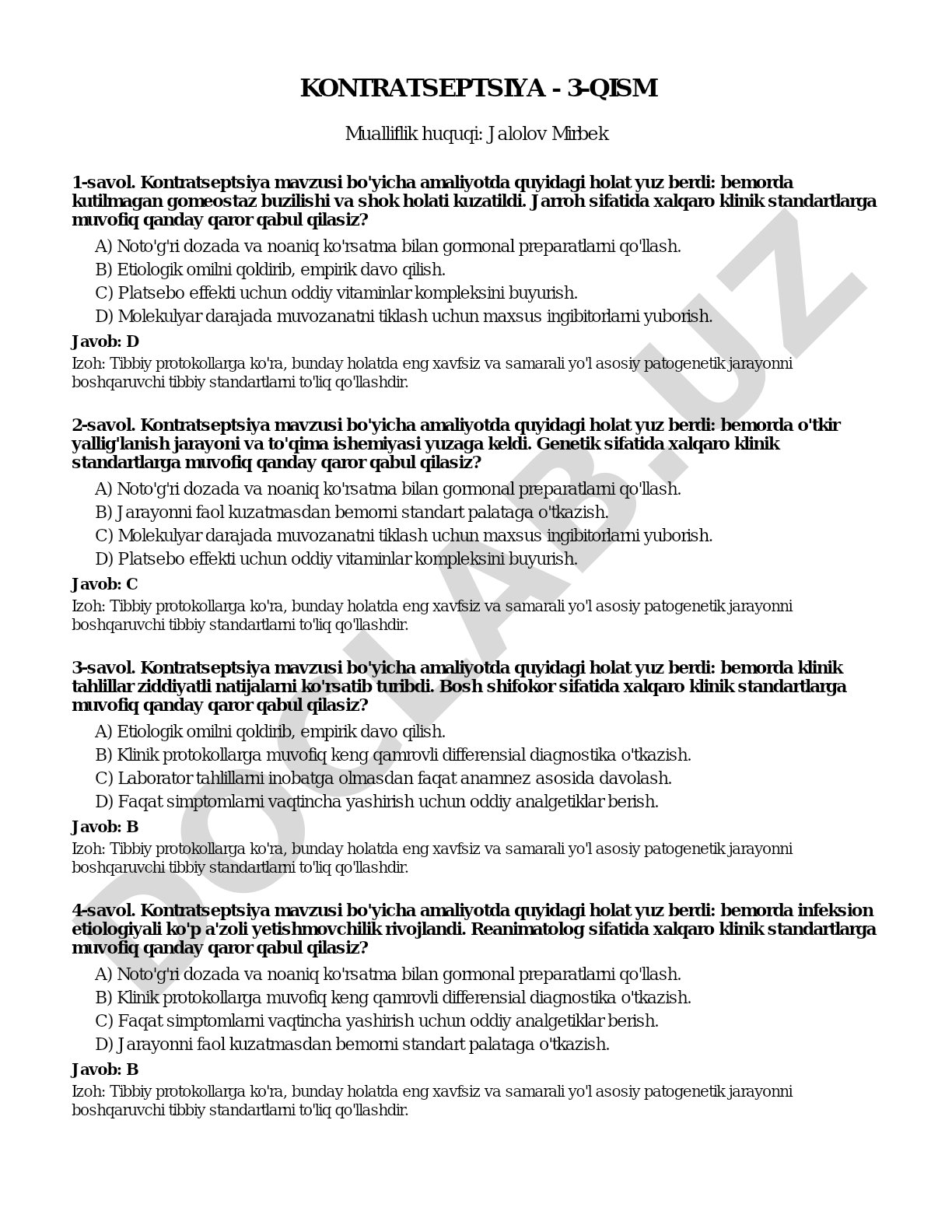 Kontratseptsiya mavzusidagi klinik vaziyatlar, test savollari va izohli javoblar