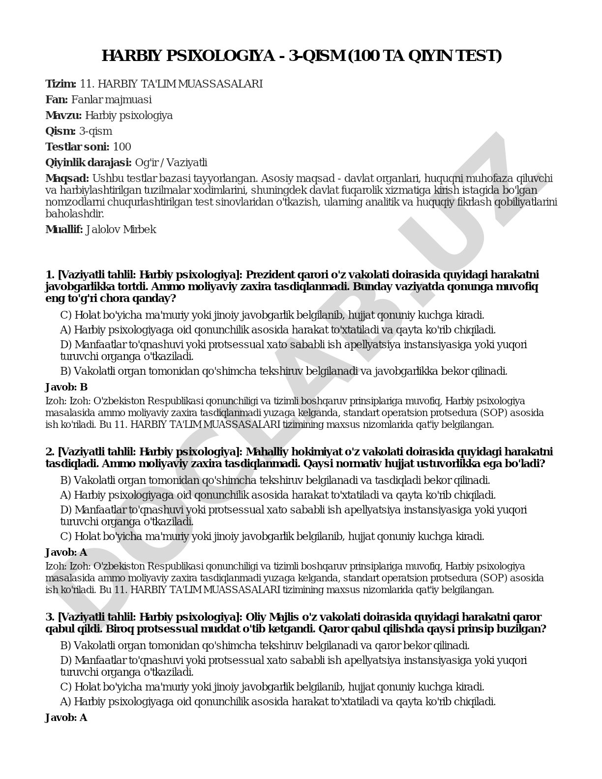 Harbiy psixologiya - 3-qism (100 ta qiyin test)