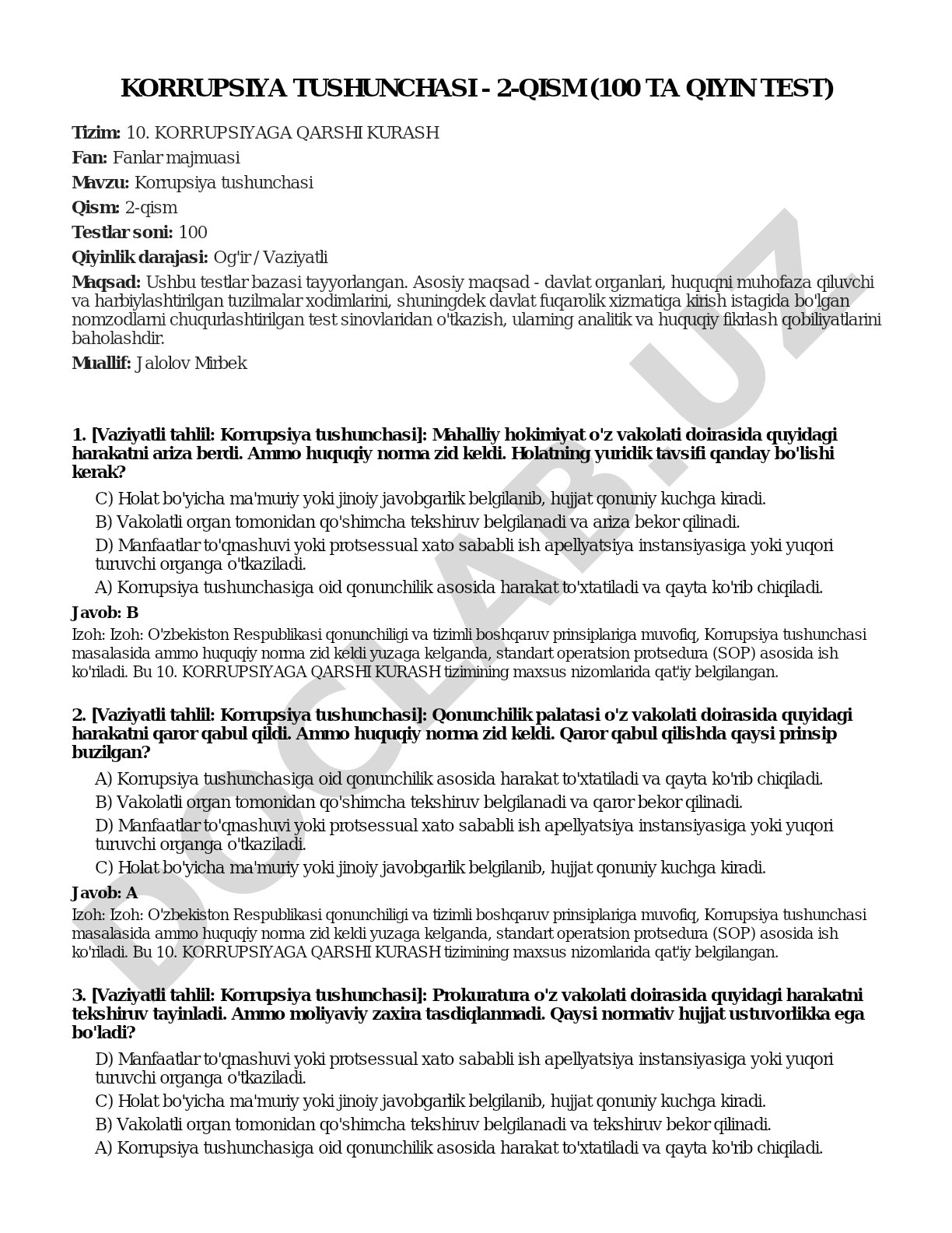 Korrupsiya tushunchasi - 2-qism (100 ta qiyin test)