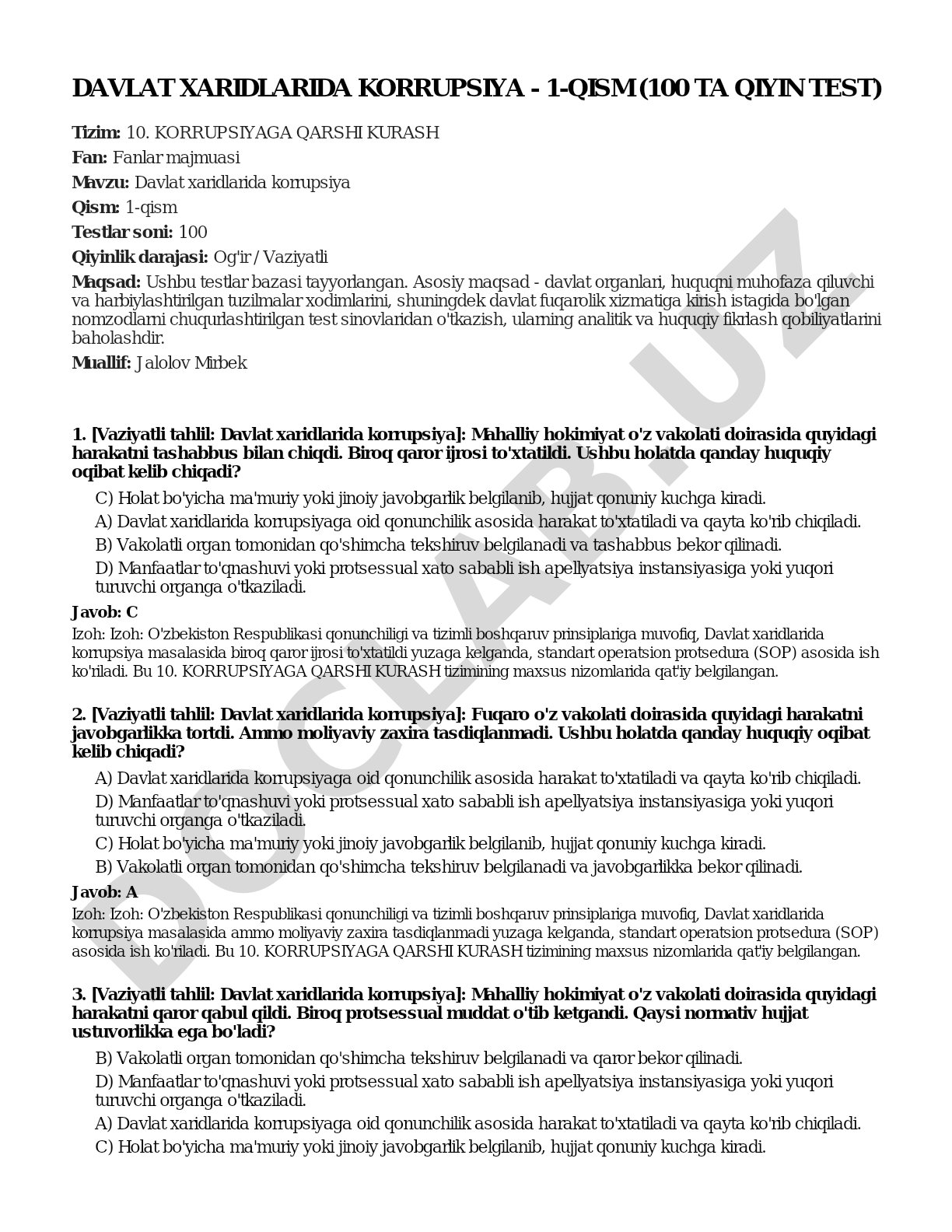 Davlat xaridlarida korrupsiya - 1-qism (100 ta qiyin test)
