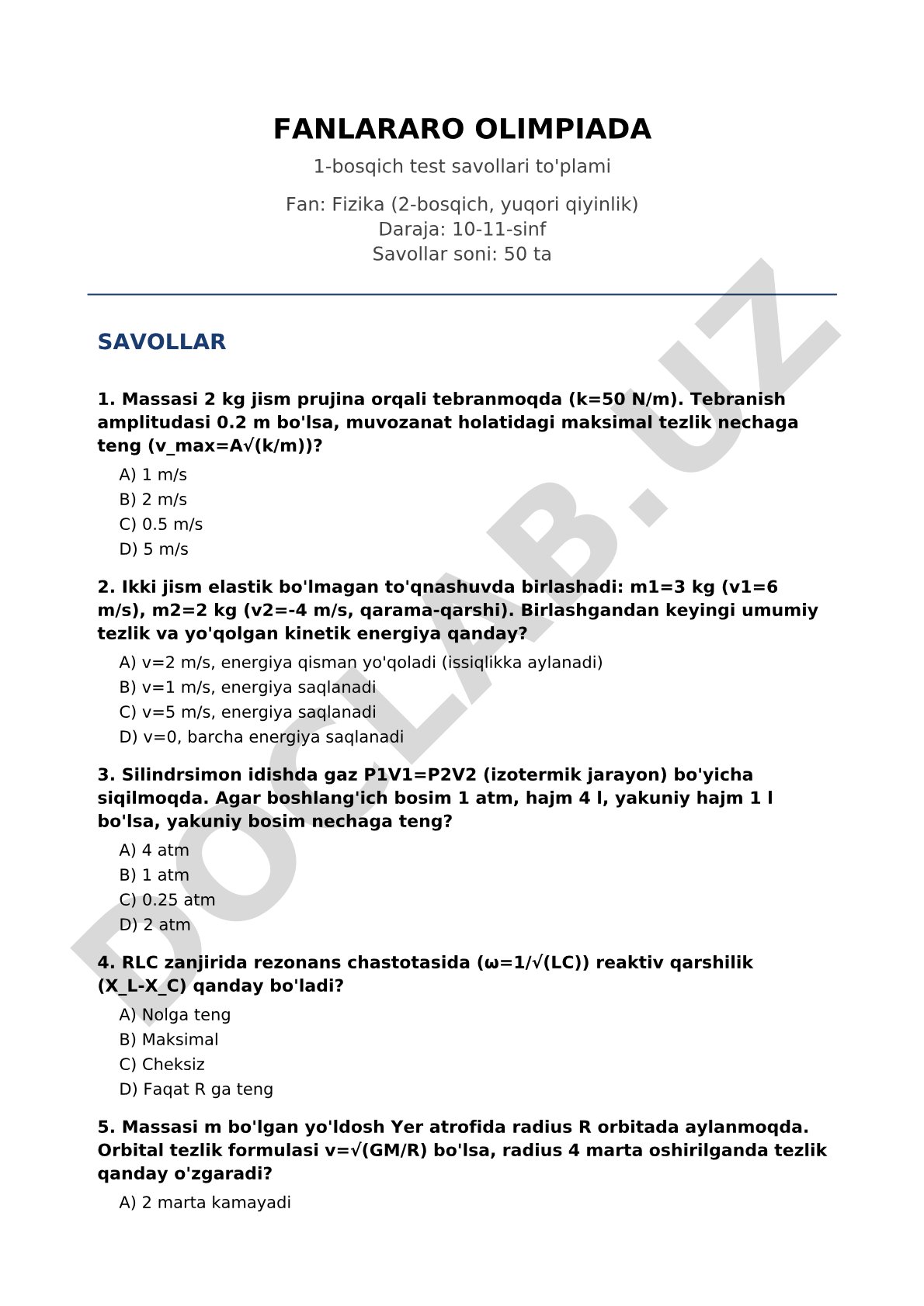 FANLARARO OLIMPIADA 1-bosqich test savollari to'plami Fan: Fizika (2-bosqich, yuqori qiyinlik) Daraj