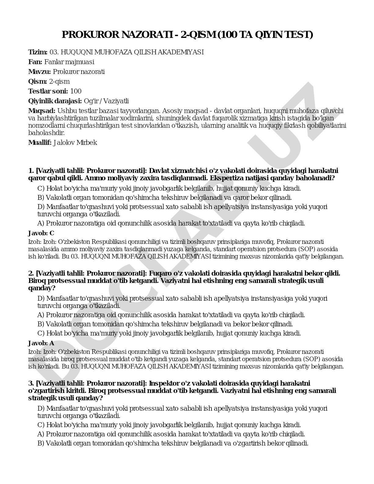 Prokuror nazorati - 2-qism (100 ta qiyin test)
