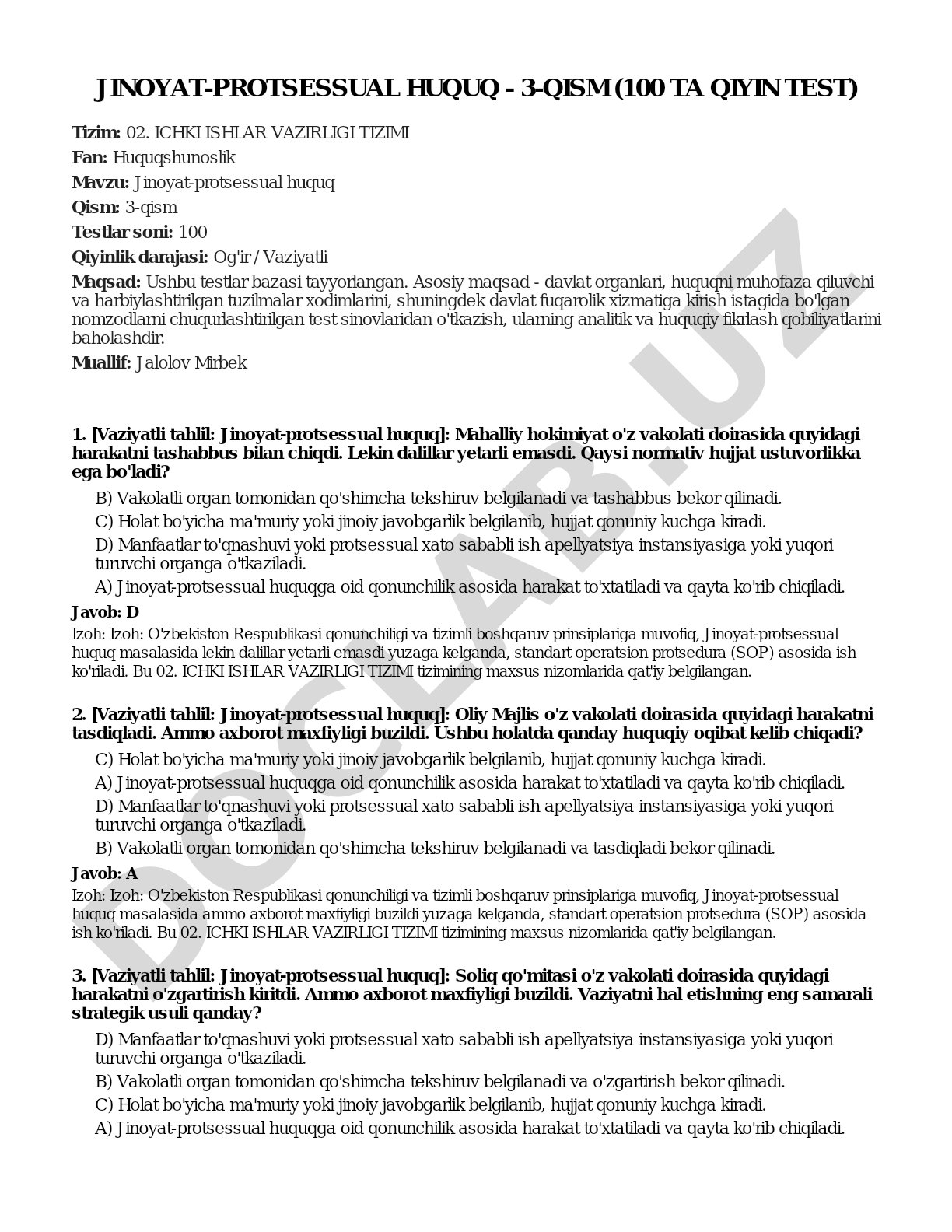Jinoyat-protsessual huquq - 3-qism (100 ta qiyin test)