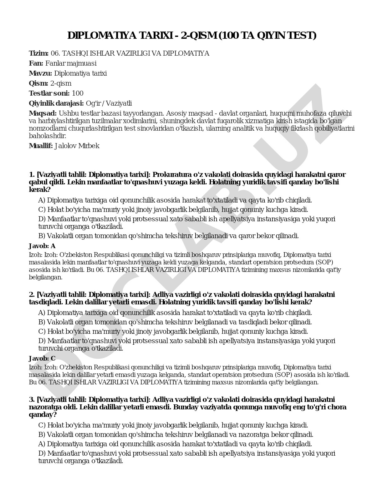 Diplomatiya tarixi - 2-qism (100 ta qiyin test)