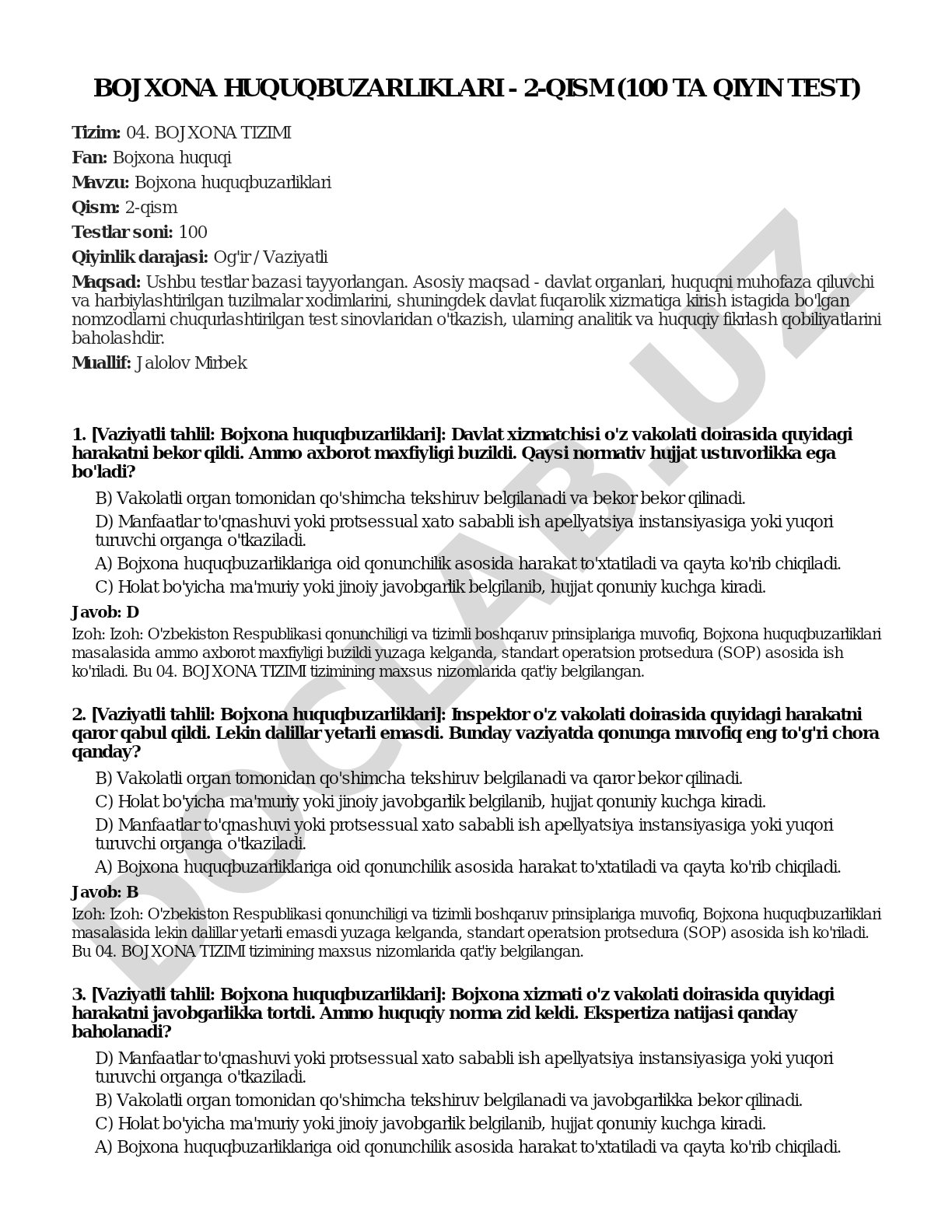 Bojxona huquqbuzarliklari - 2-qism (100 ta qiyin test)