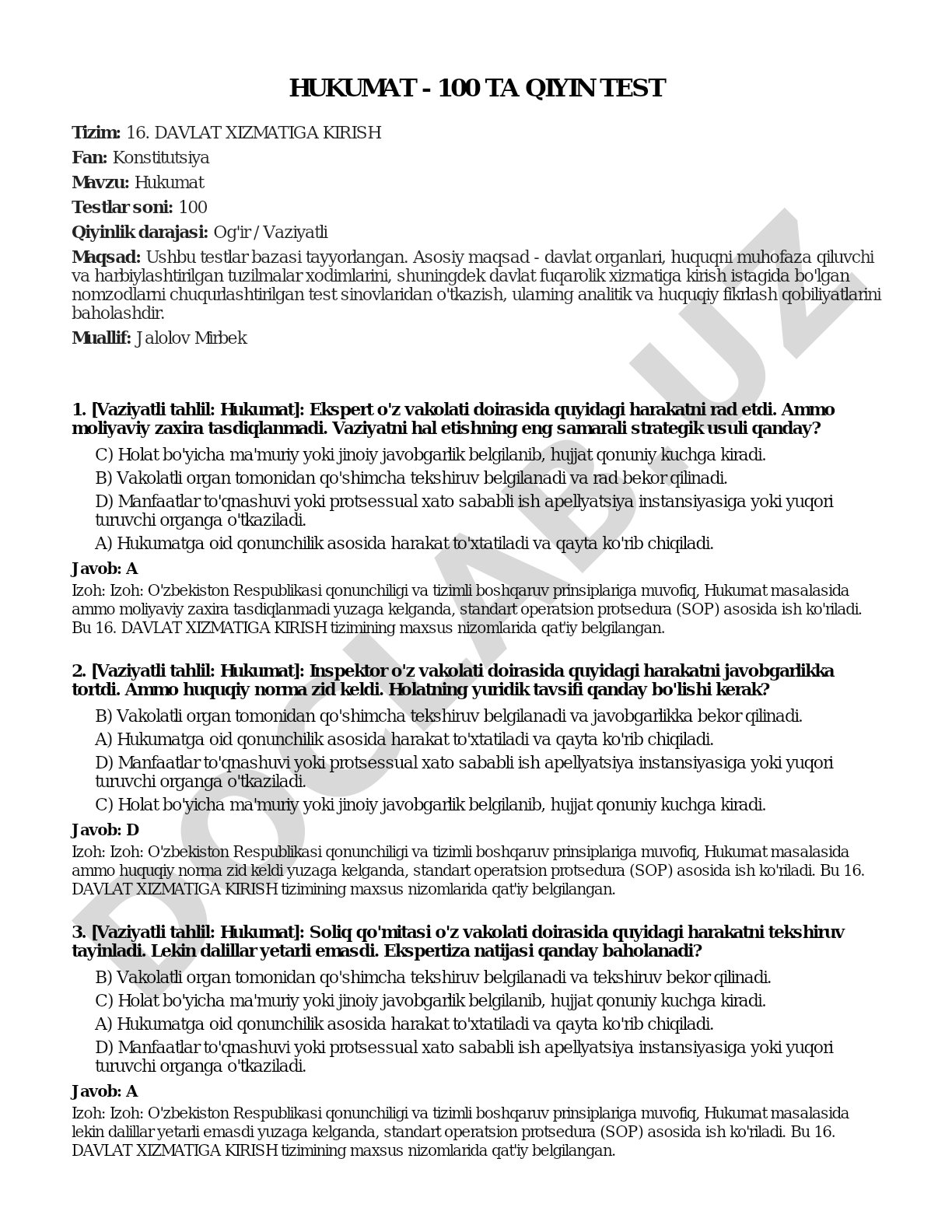 Hukumat - 100 ta qiyin test