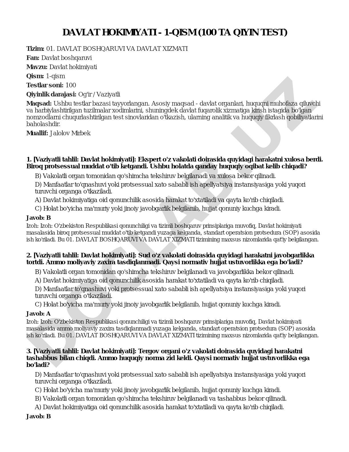 Davlat hokimiyati - 1-qism (100 ta qiyin test)