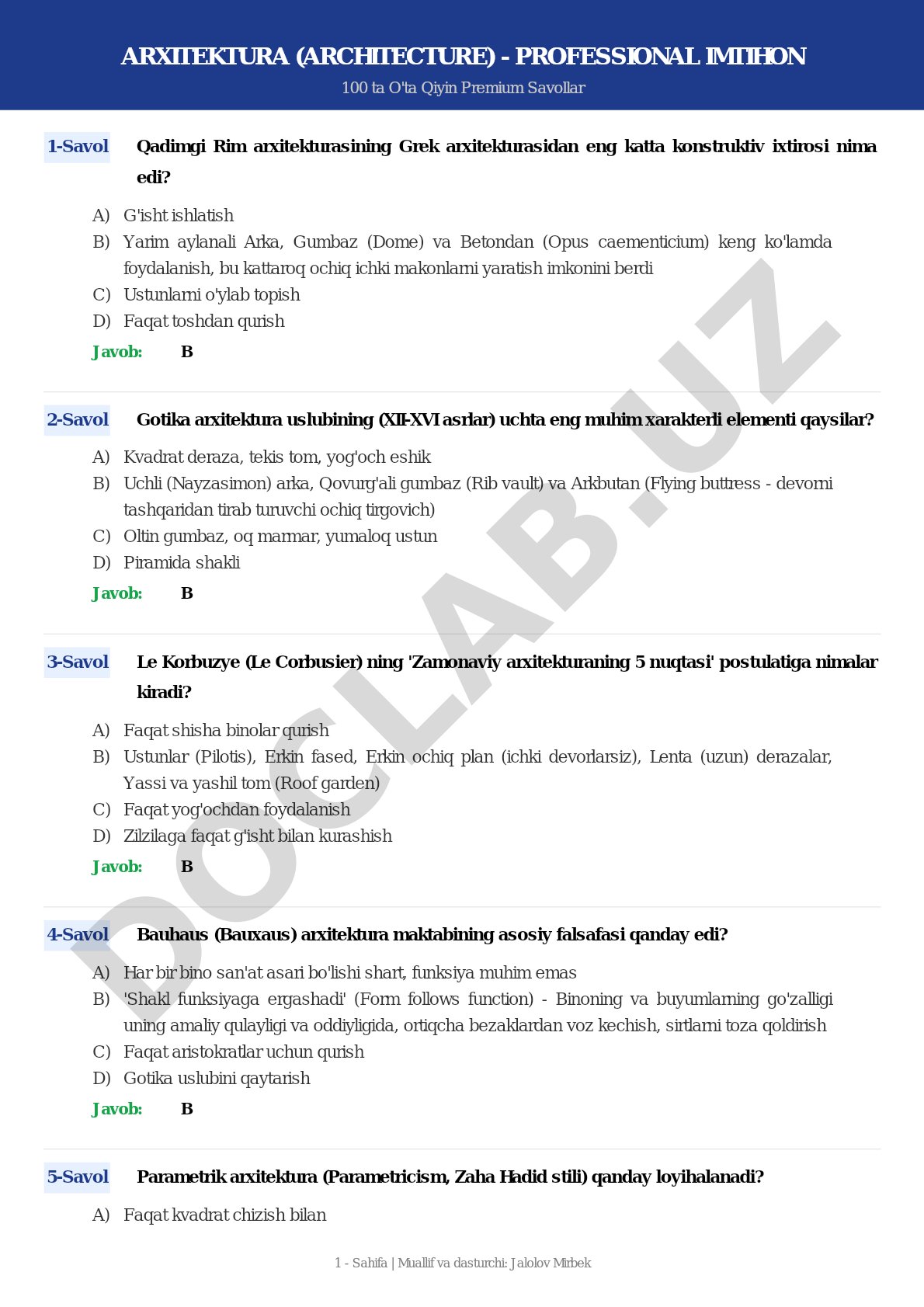Arxitektura professional imtihon 100 ta o'ta qiyin premium savollar