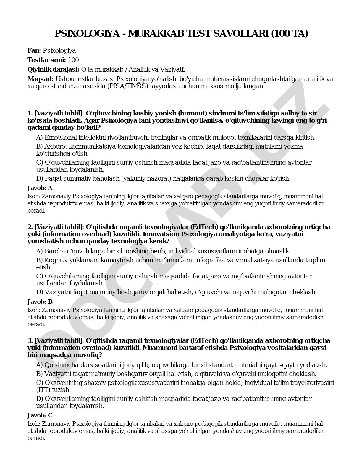 Psixologiya - murakkab test savollari (100 ta)