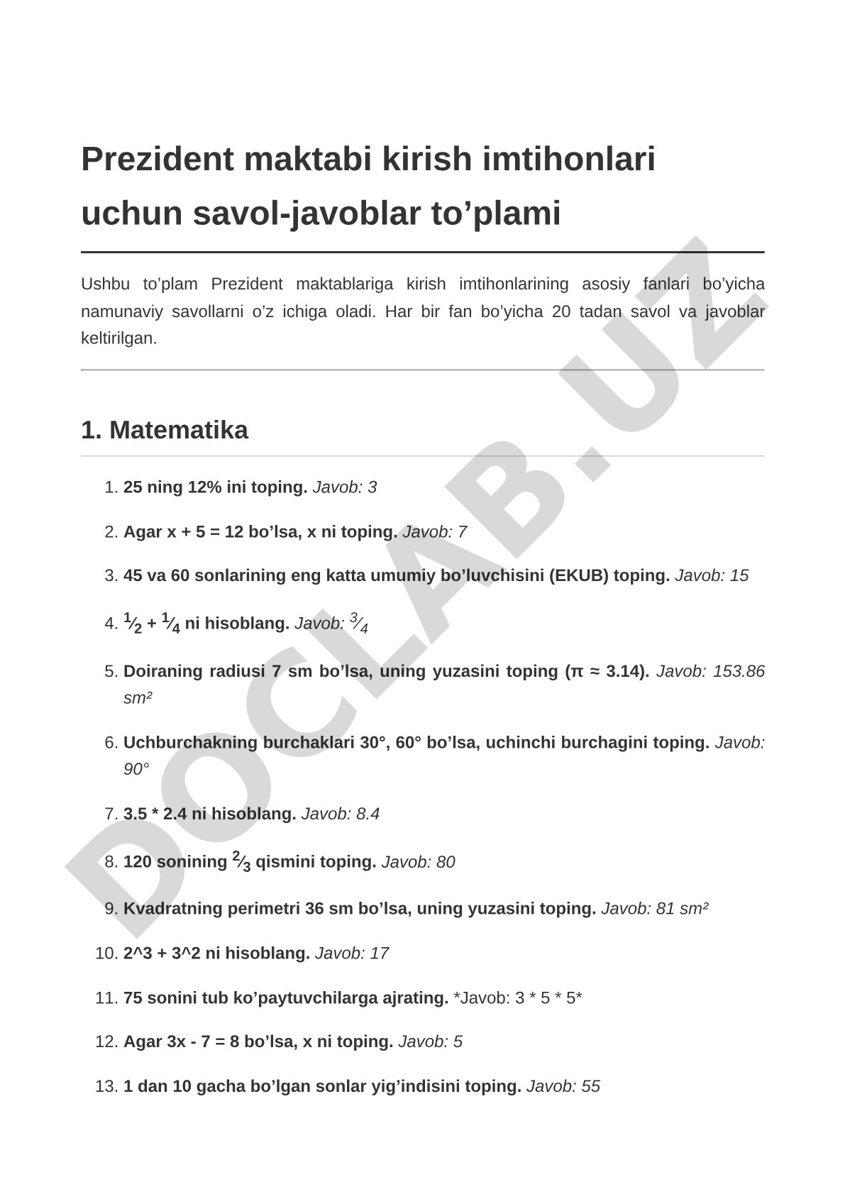 Prezident maktabi kirish imtihonlari uchun savol-javoblar to’plami (2-qism)