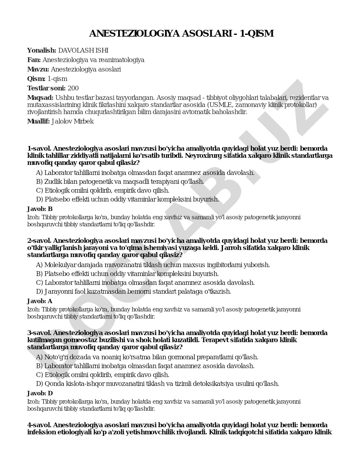 Anesteziologiya asoslari - 1-qism