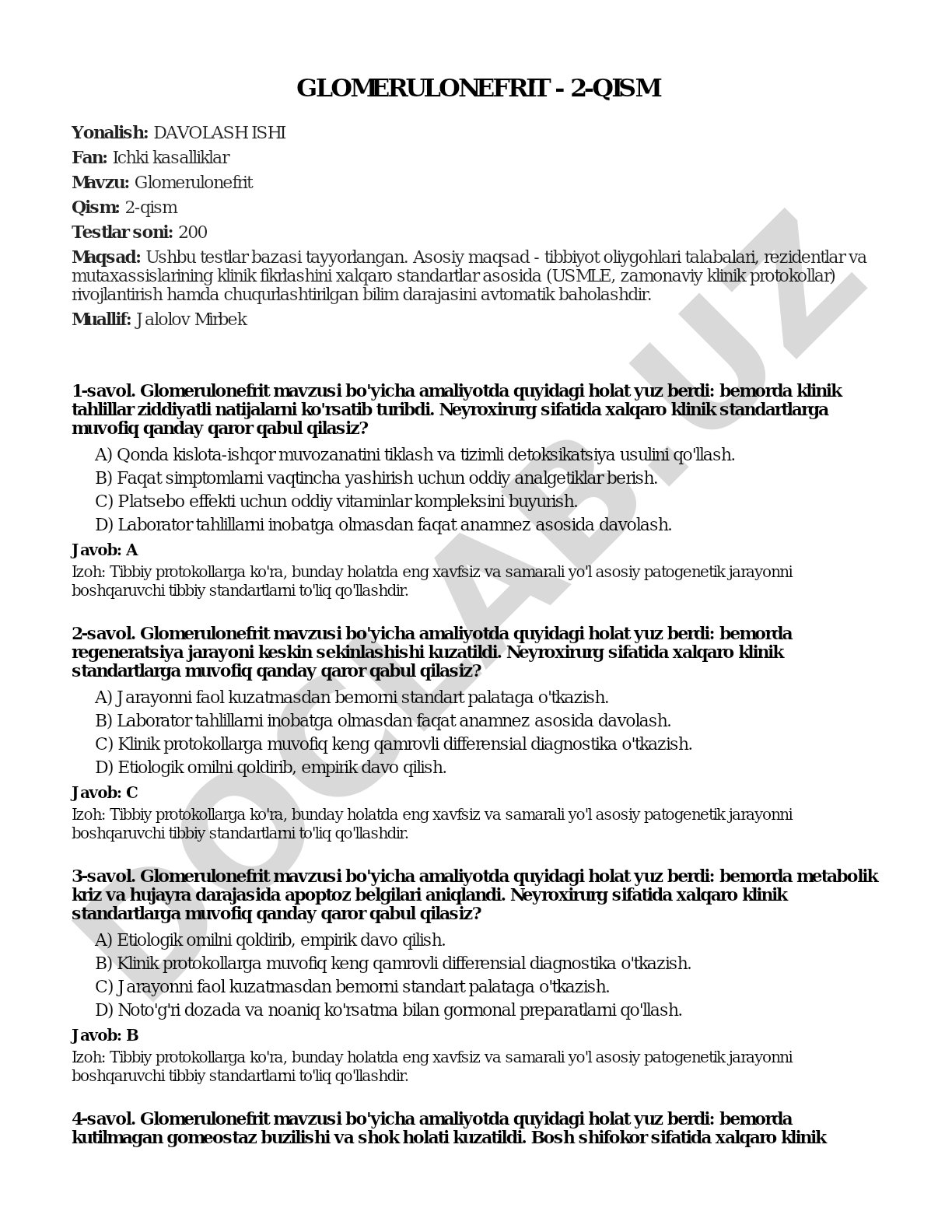 Glomerulonefrit bo'yicha 200 test savollari, klinik fikrlashni rivojlantirish uchun