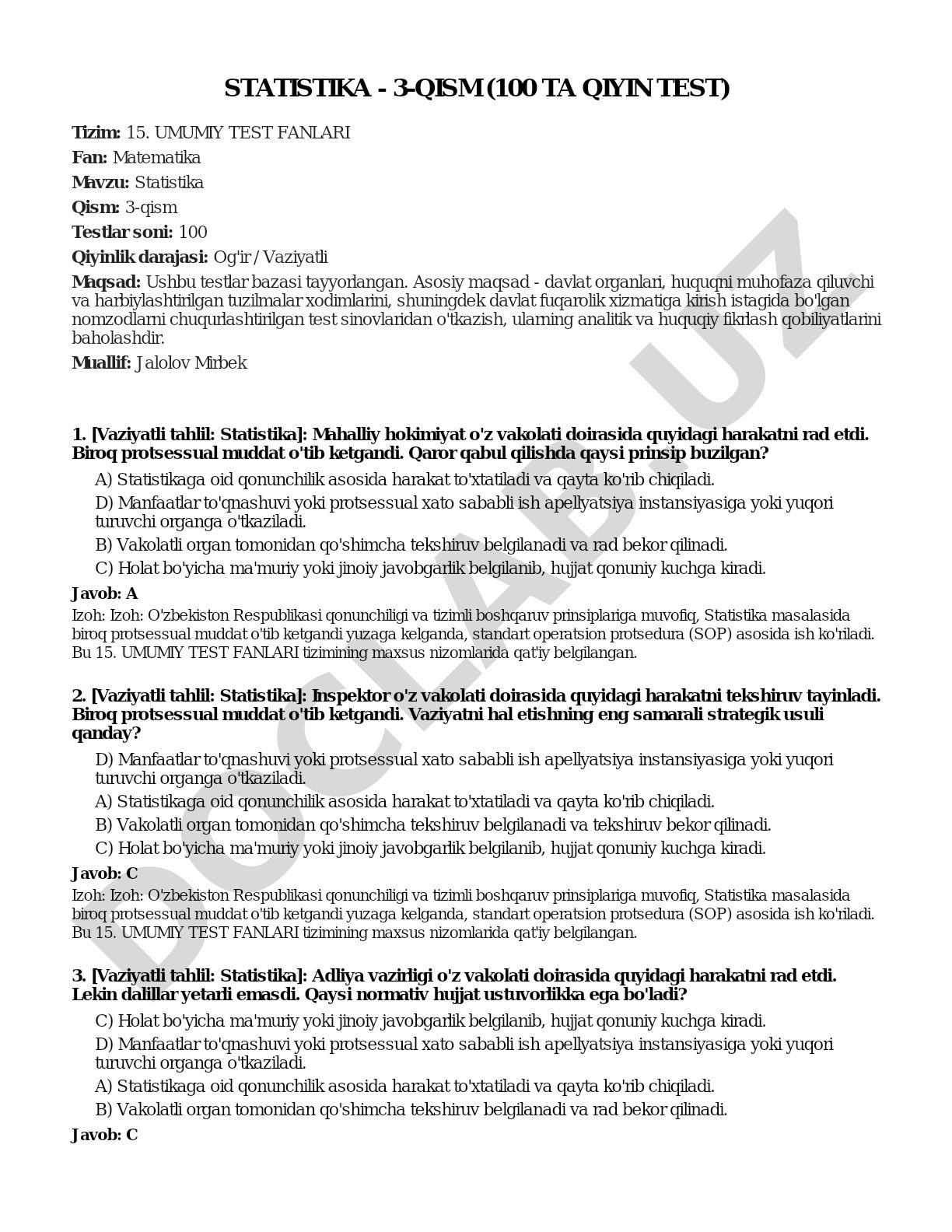 Statistika - 3-qism (100 ta qiyin test)