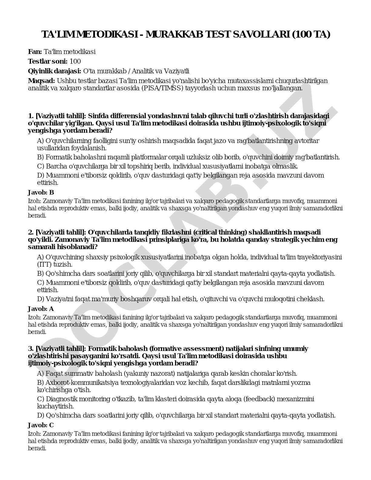 Ta'lim metodikasi - murakkab test savollari