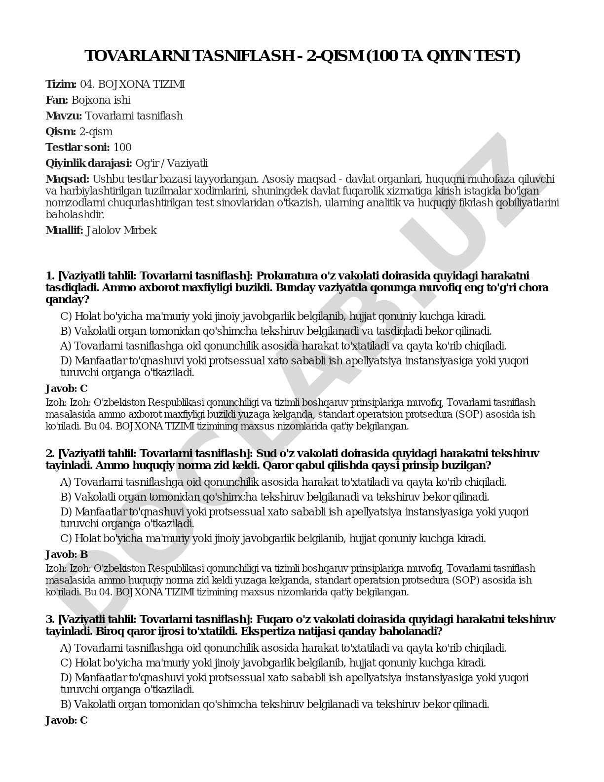 Tovarlarni tasniflash - 2-qism (100 ta qiyin test)
