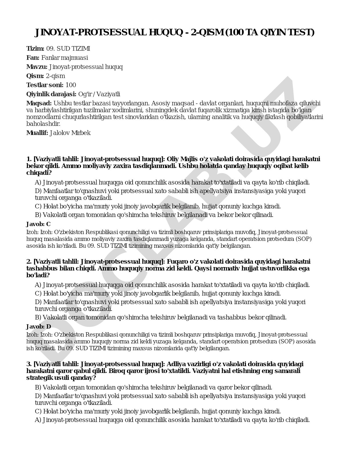 Jinoyat-protsessual huquq - 2-qism (100 ta qiyin test)