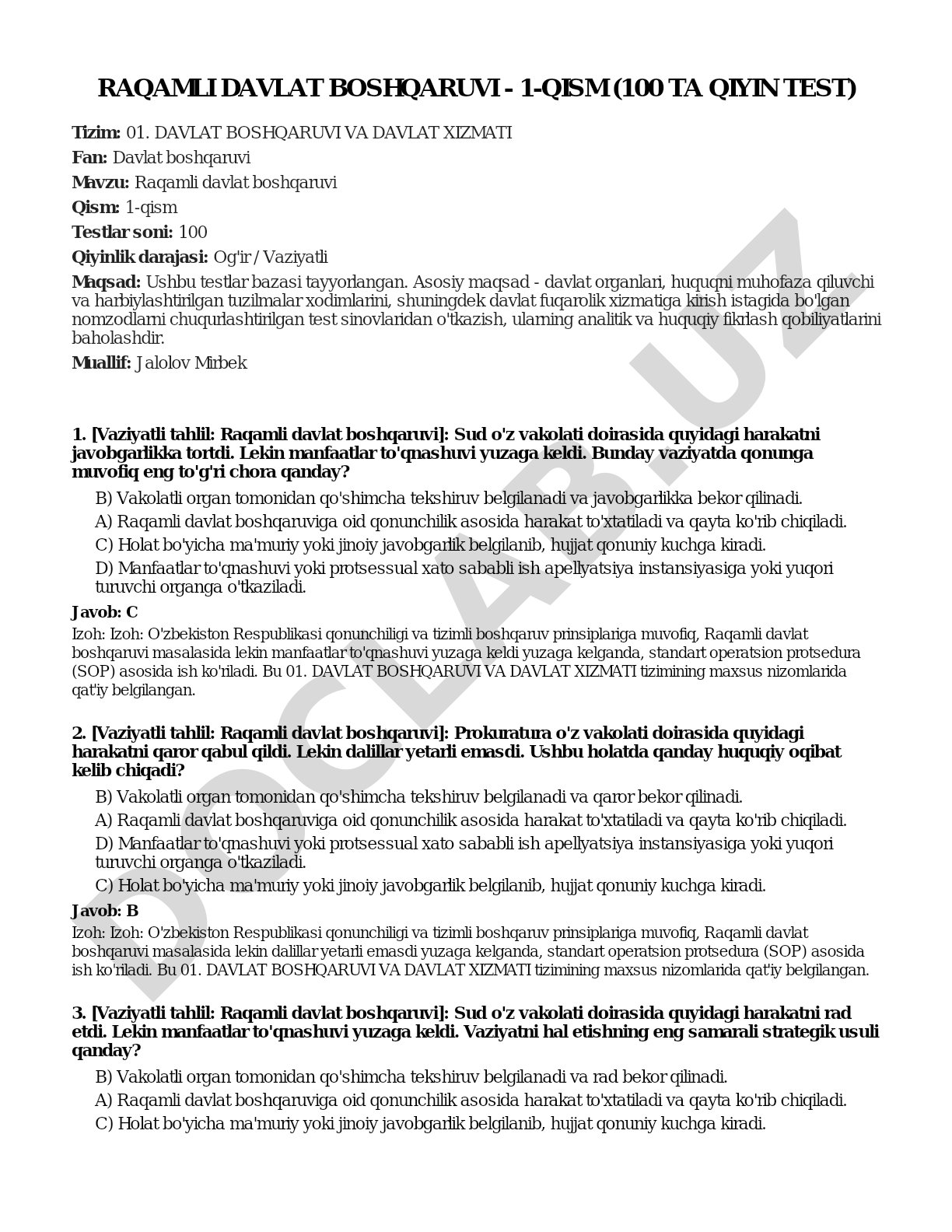 Raqamli davlat boshqaruvi - 1-qism (100 ta qiyin test)