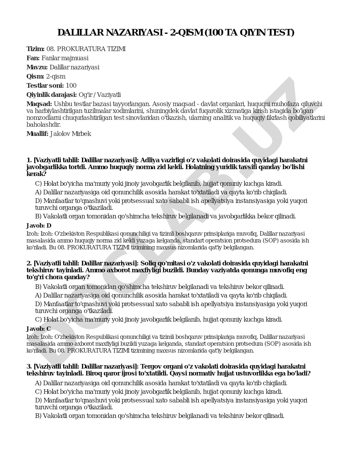 Dalillar nazariyasi - 2-qism (100 ta qiyin test)