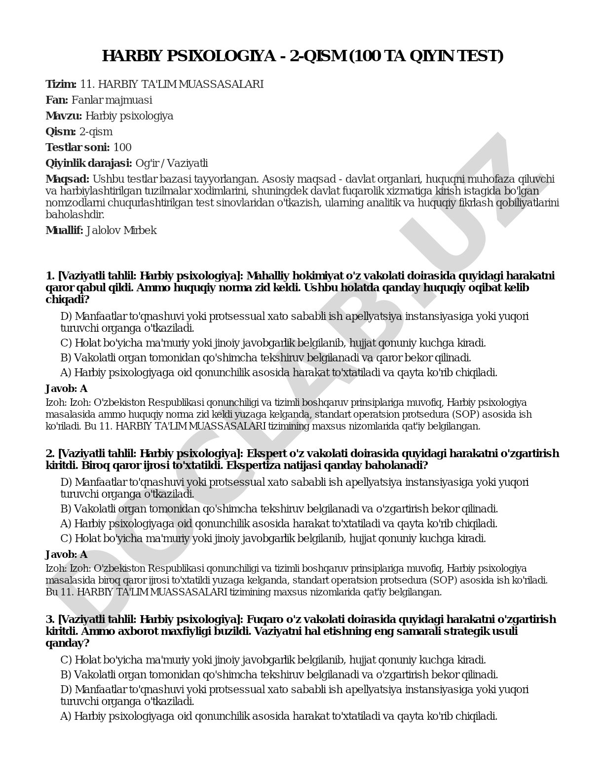 Harbiy psixologiya - 2-qism (100 ta qiyin test)