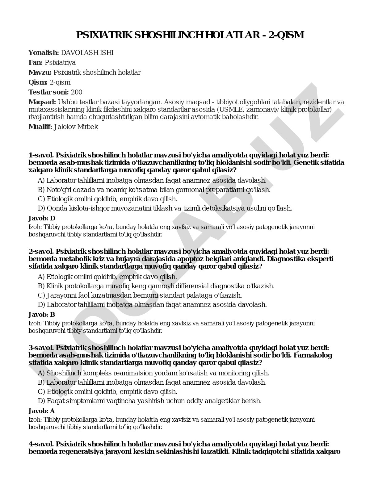 Psixiatrik shoshilinch holatlar - 2-qism