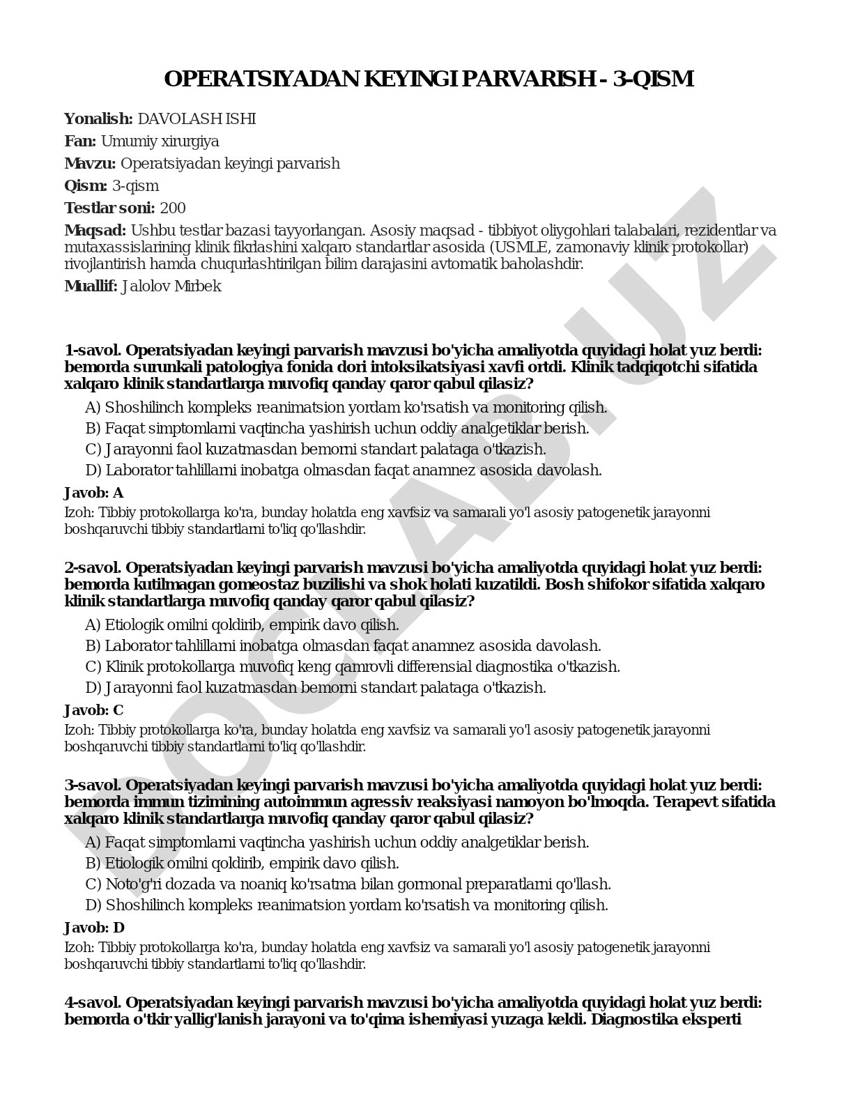 Operatsiyadan keyingi parvarish - 3-qism