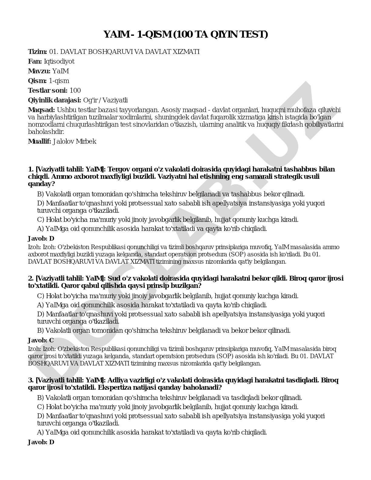 YAIM - 1-qism (100 ta qiyin test)