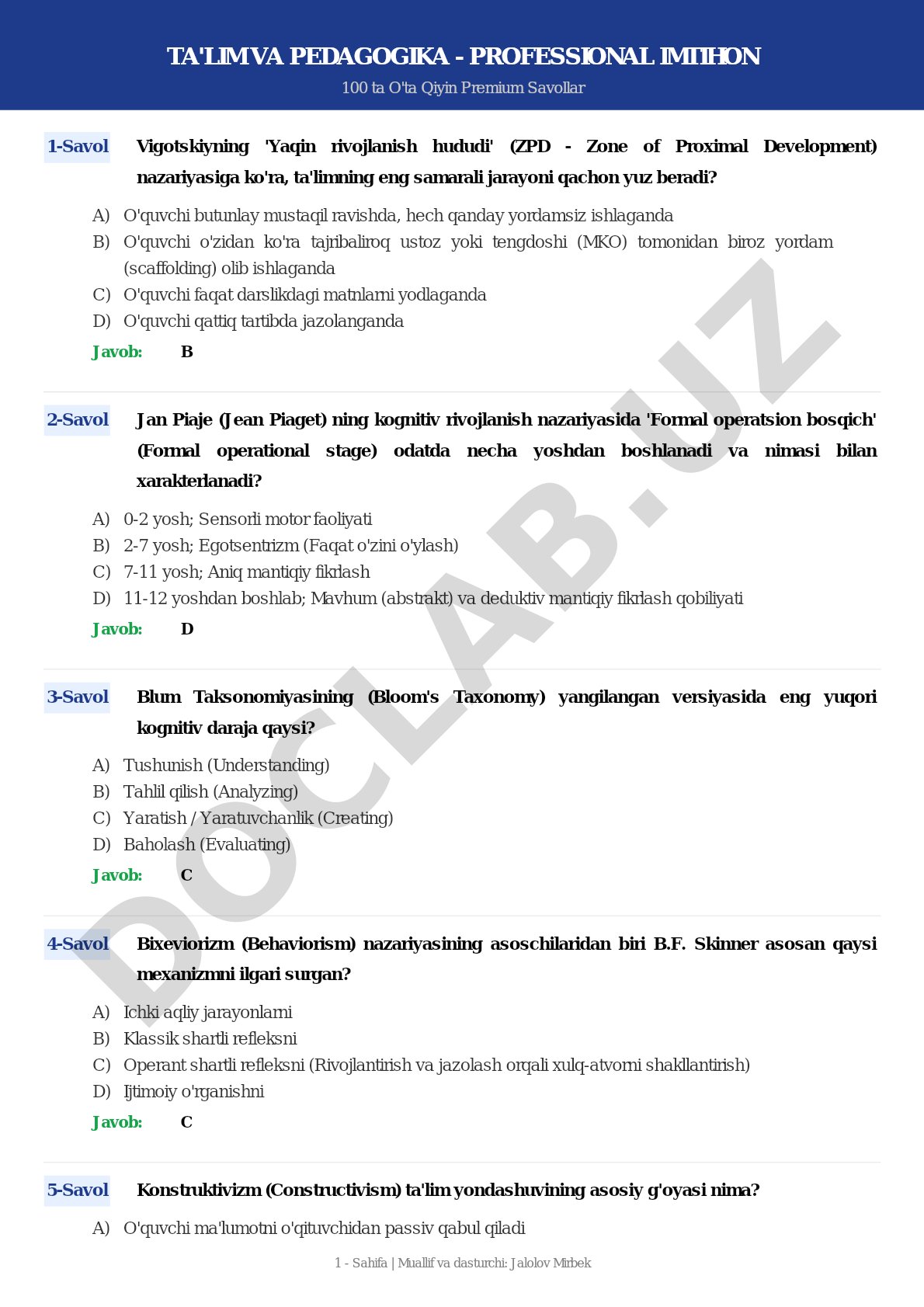 Ta'lim va pedagogika - professional imtihon 100 ta o'ta qiyin savollar