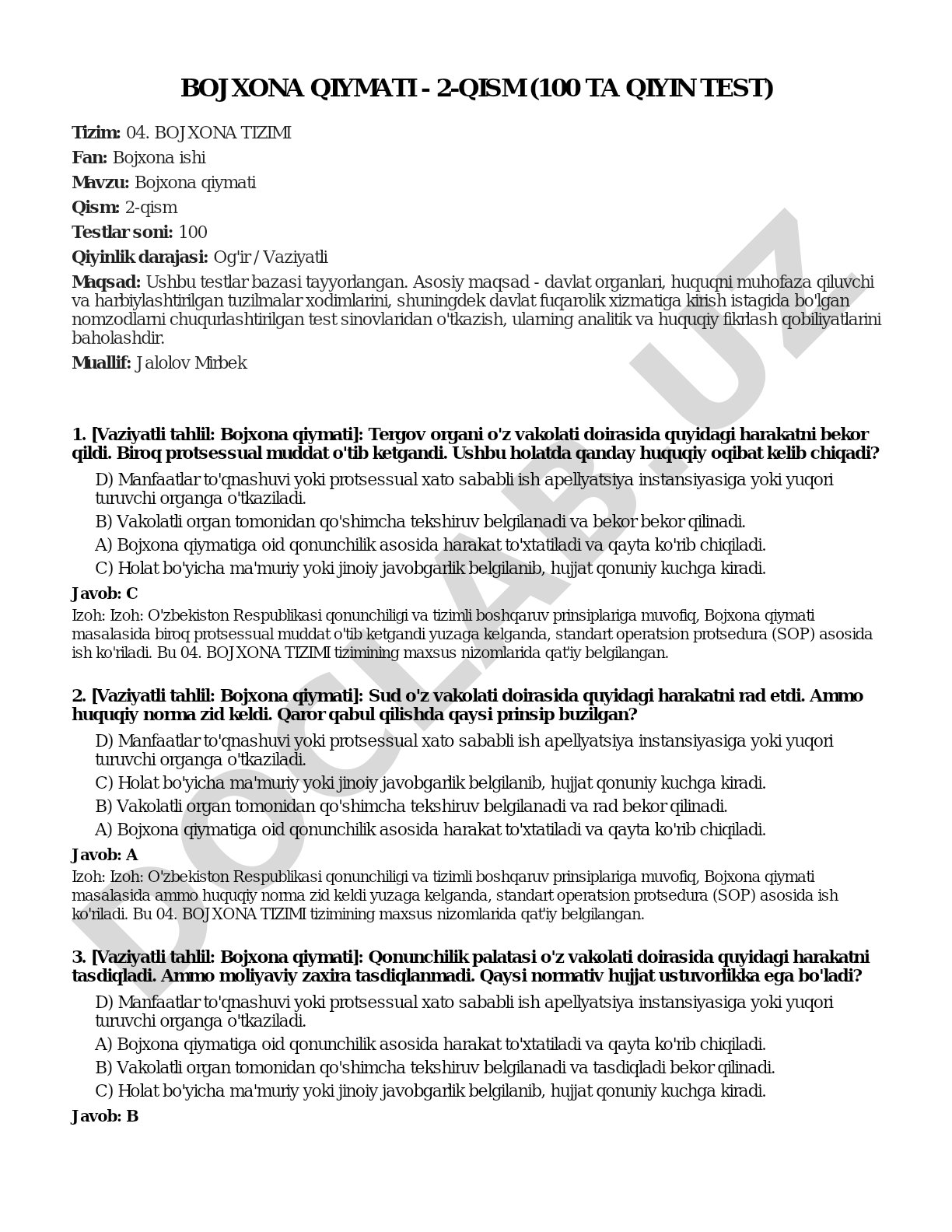 Bojxona qiymati - 2-qism (100 ta qiyin test)