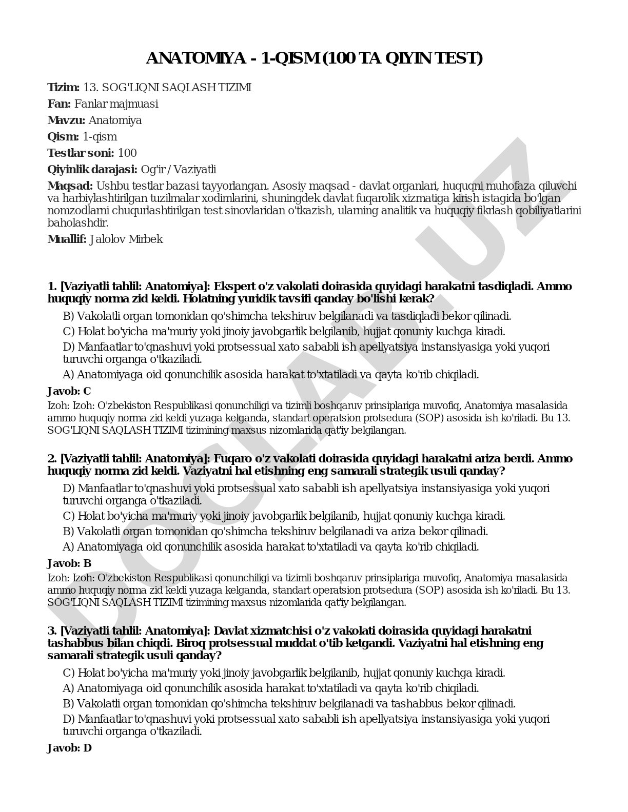 Anatomiya - 1-qism (100 ta qiyin test)
