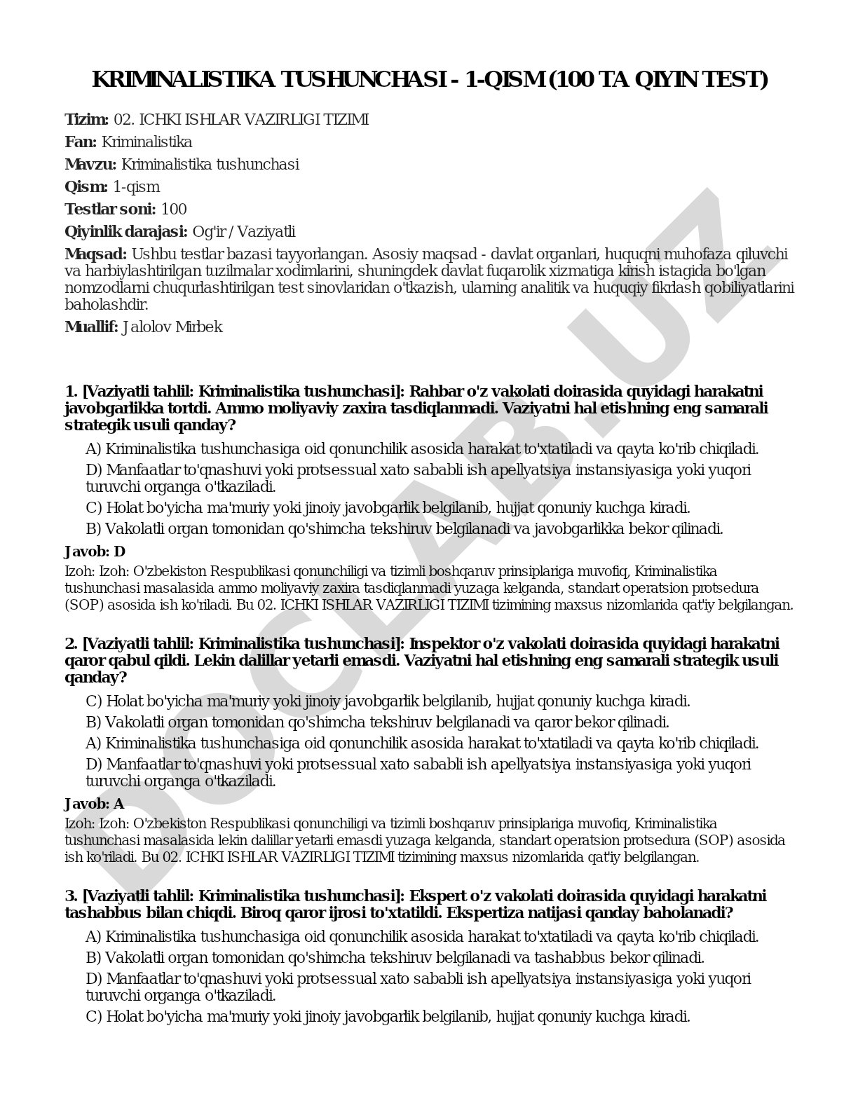 Kriminalistika tushunchasi - 1-qism (100 ta qiyin test)