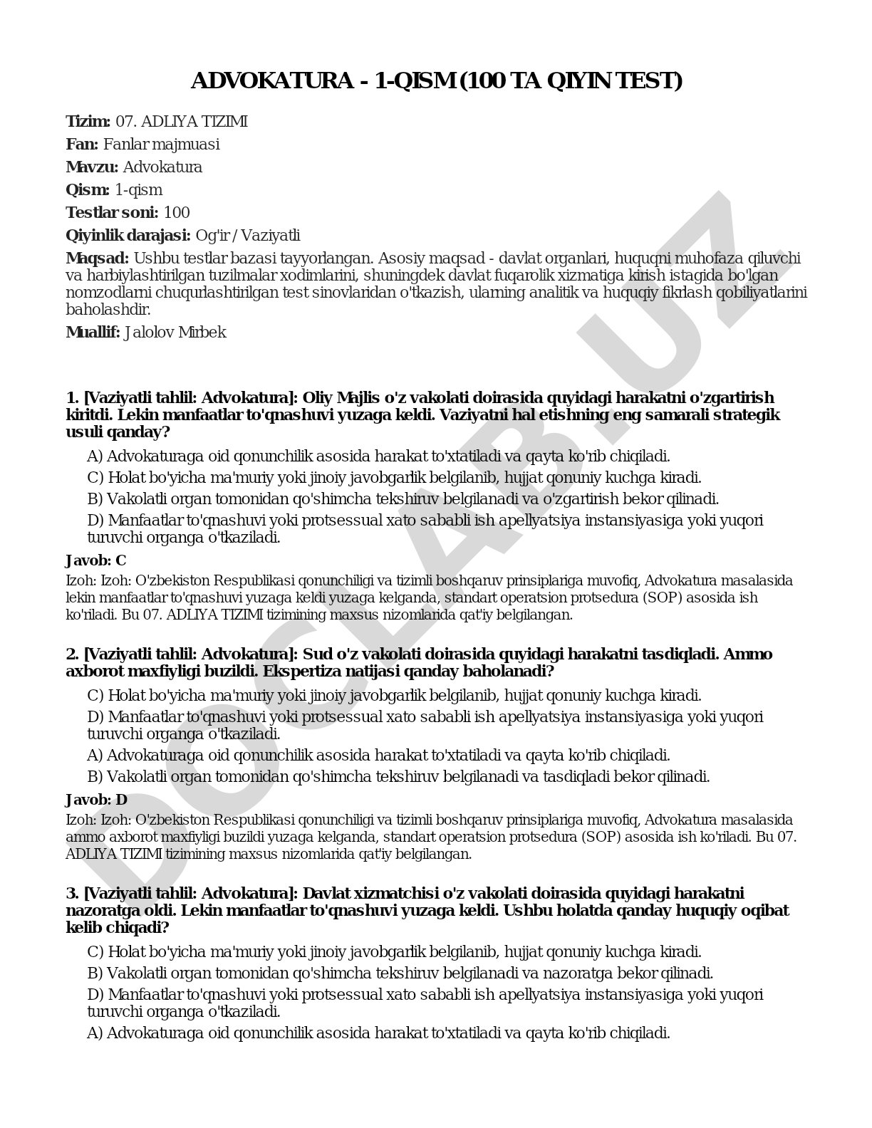 Advokatura - 1-qism (100 ta qiyin test)