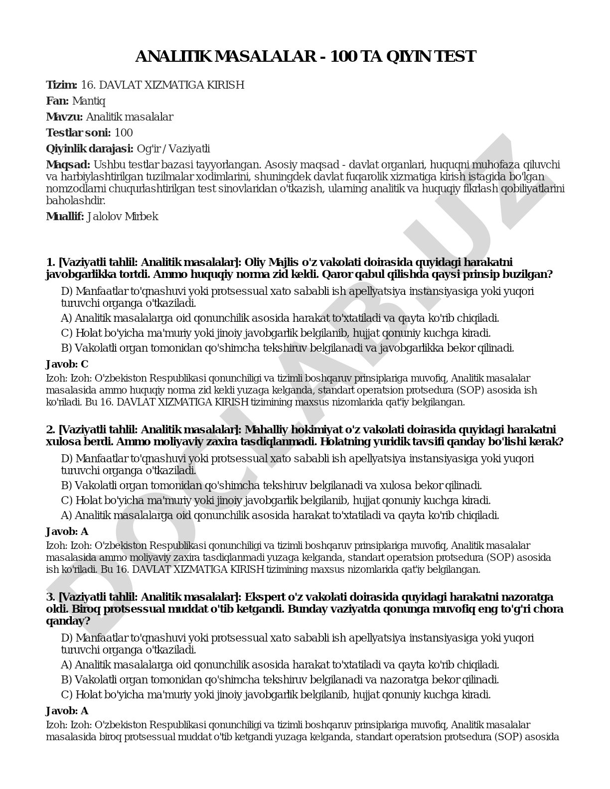 Analitik masalalar - 100 ta qiyin test