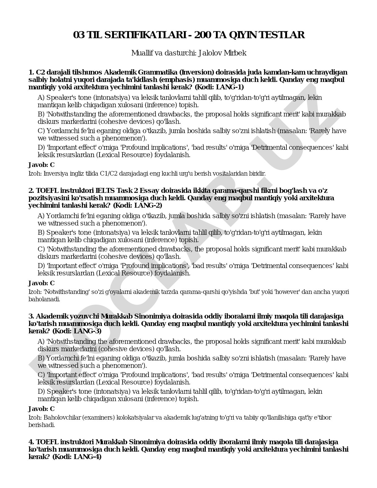 Til sertifikatlari - 200 ta qiyin testlar