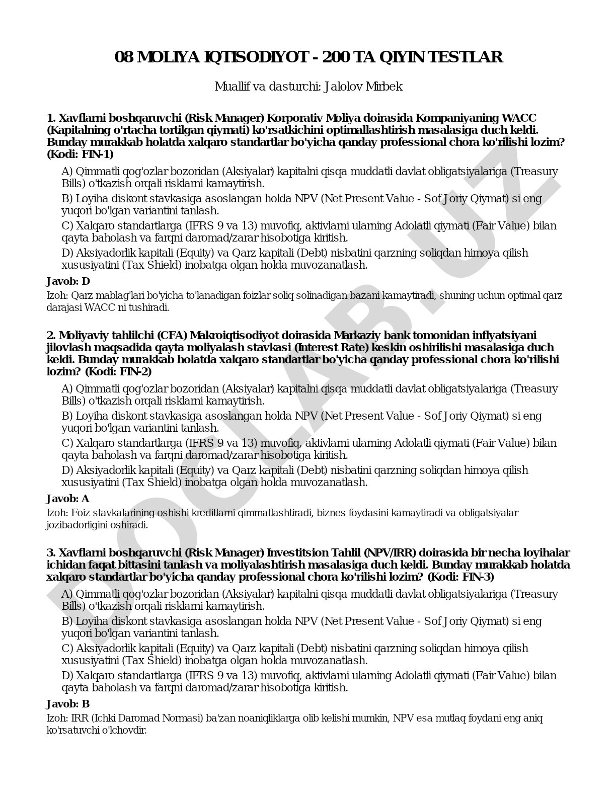 Moliya iqtisodiyot - 200 ta qiyin testlar