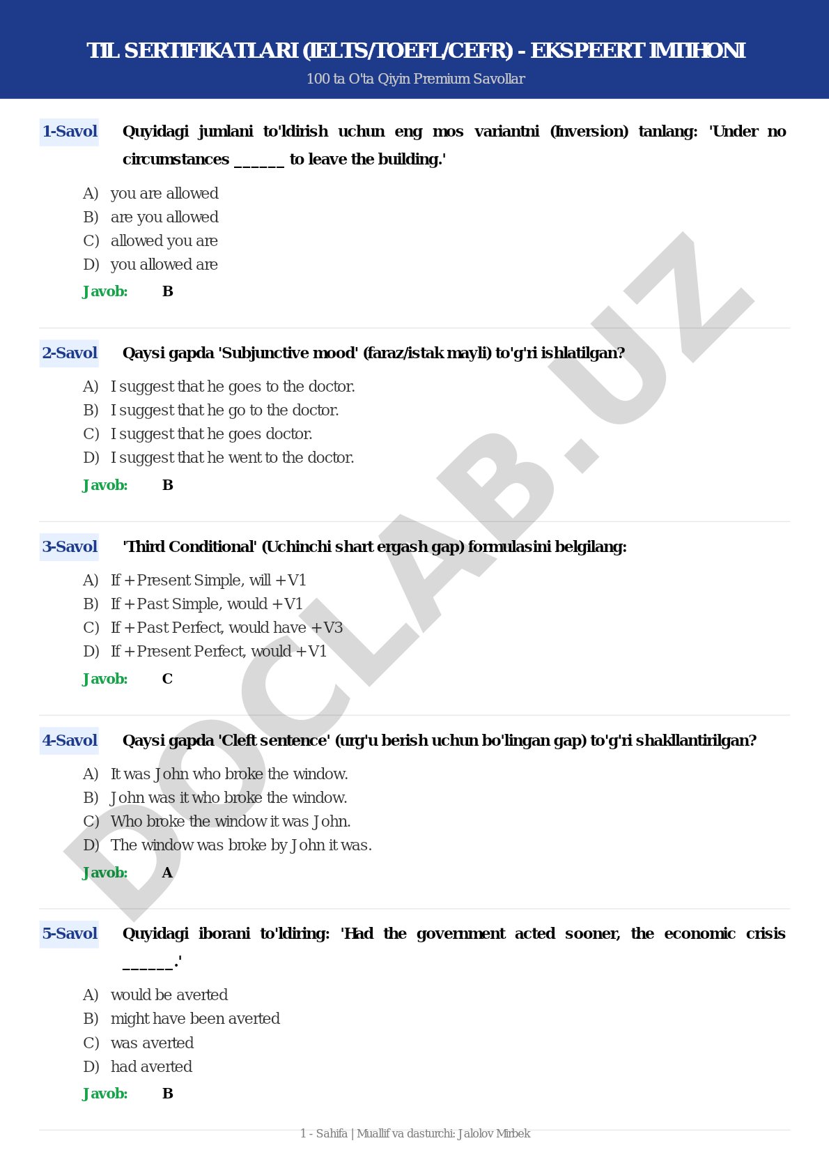 IELTS/TOEFL/CEFR sertifikatlari uchun 100 ta qiyin ingliz tili grammatika savollari