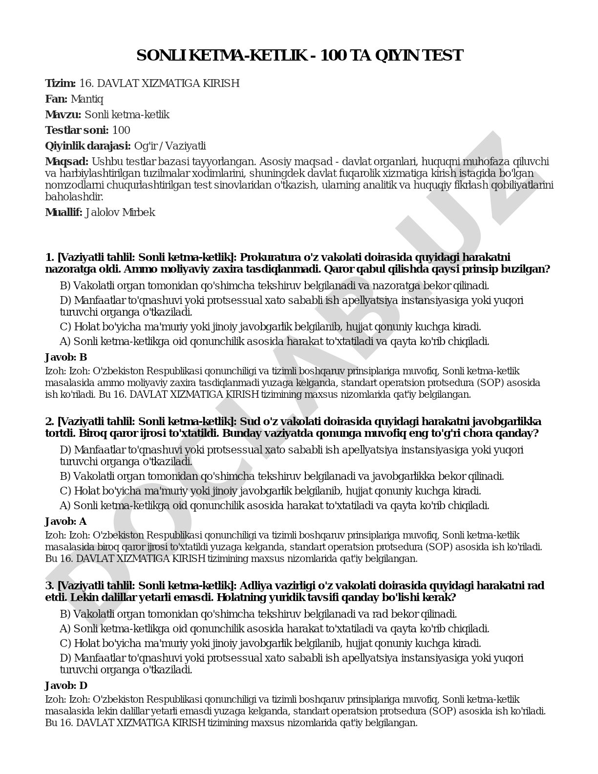 Sonli ketma-ketlik - 100 ta qiyin test