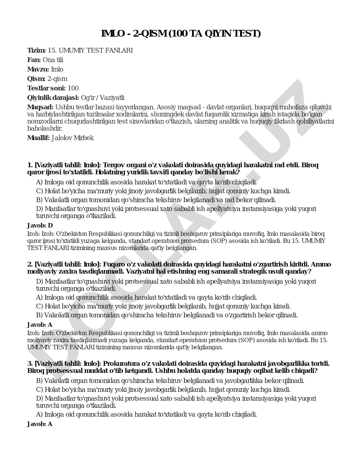 Imlo - 2-qism (100 ta qiyin test)