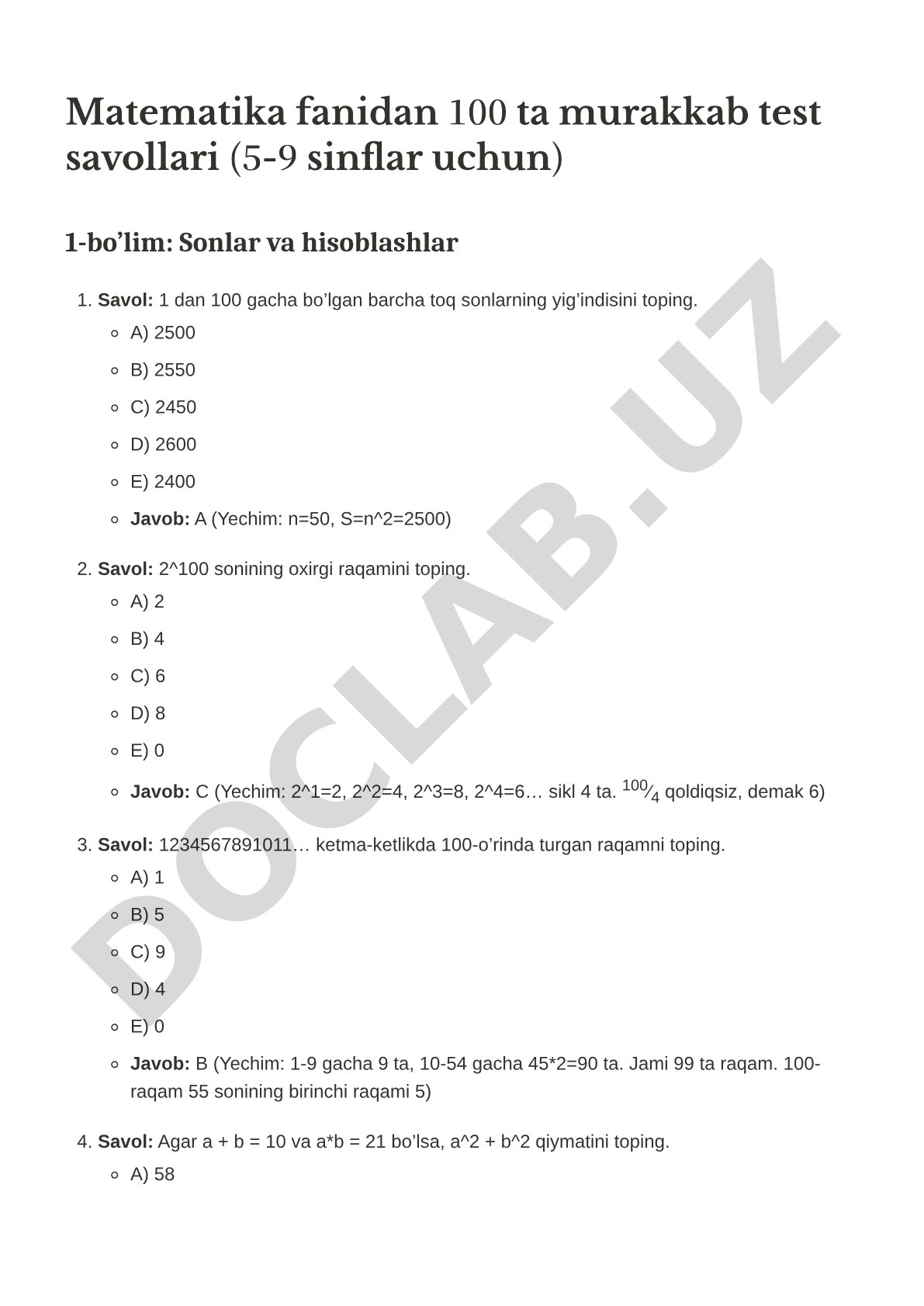 Matematika fanidan 100 ta murakkab test savollari (5-9 sinflar uchun) 1-bo’lim: Sonlar va hisoblashl
