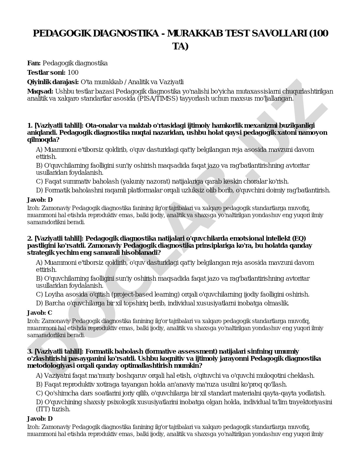 Pedagogik diagnostika - murakkab test savollari (100 ta)