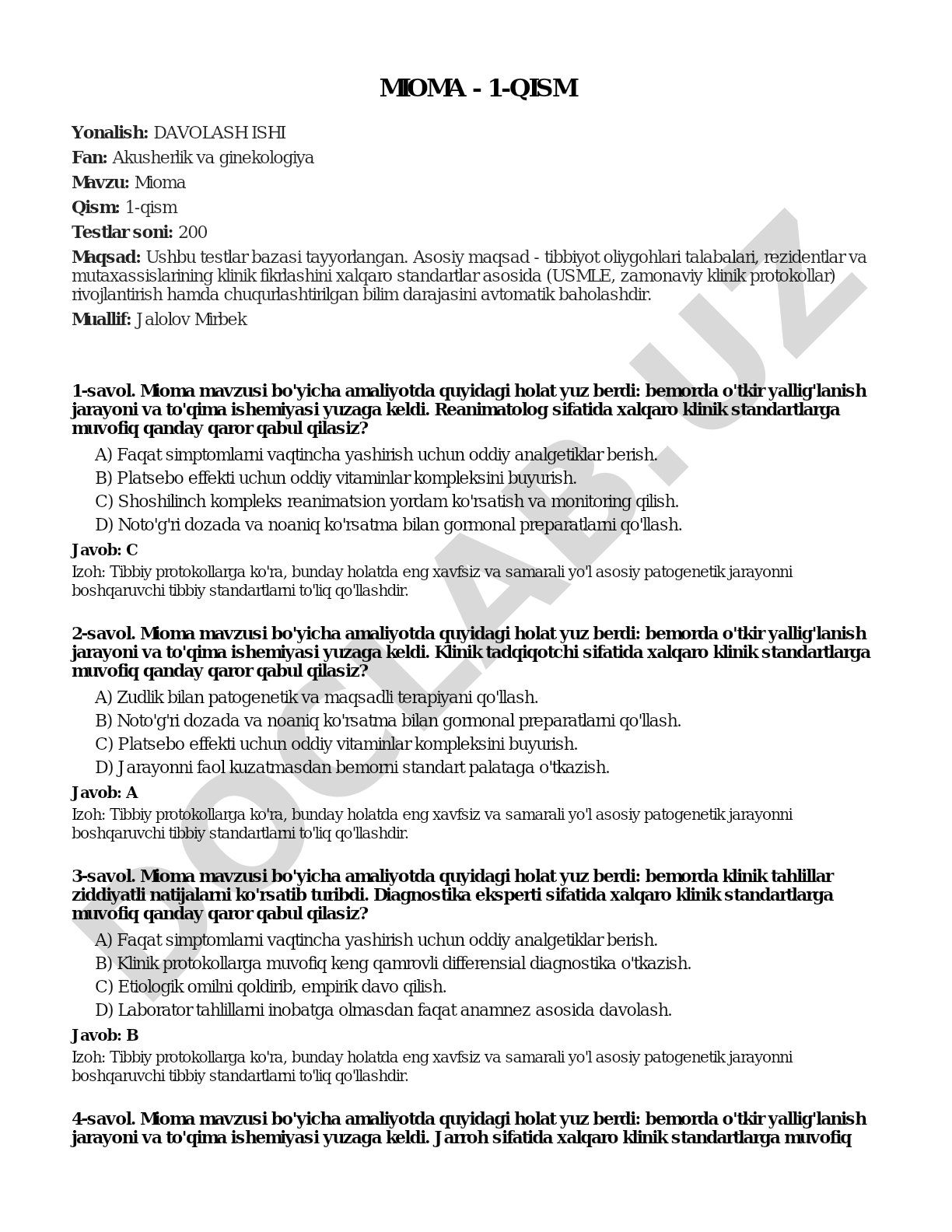 Mioma Qism: 1-qism Testlar soni: 200 Maqsad: Ushbu testlar bazasi tayyorlangan