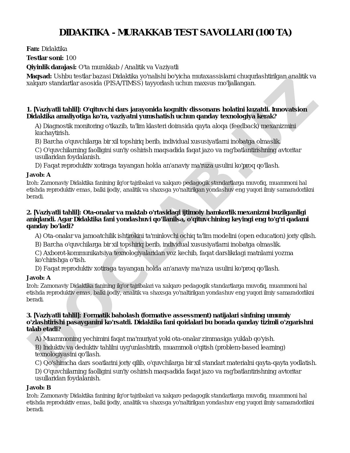 Didaktika - murakkab test savollari (100 ta)
