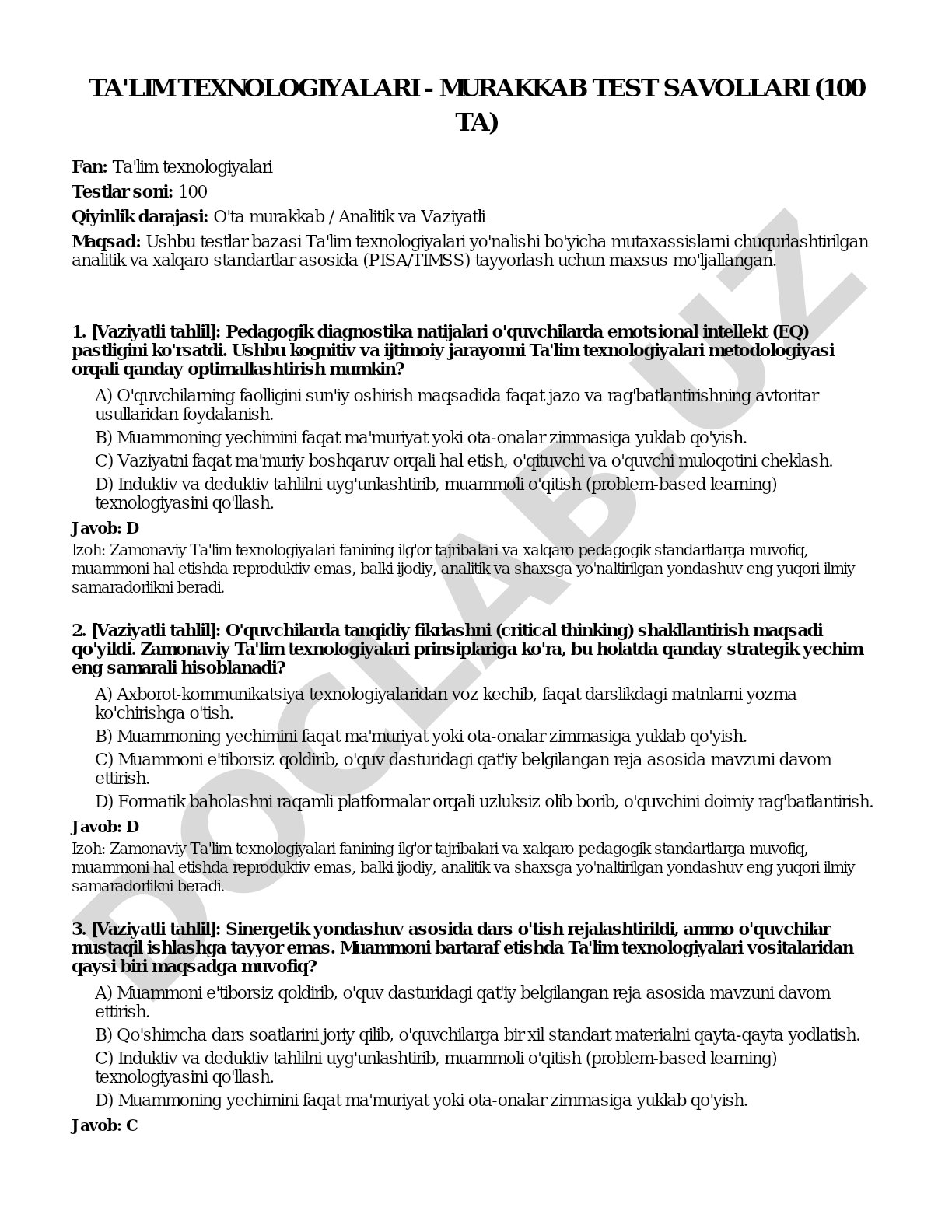 Ta'lim texnologiyalari - murakkab test savollari (100 ta)