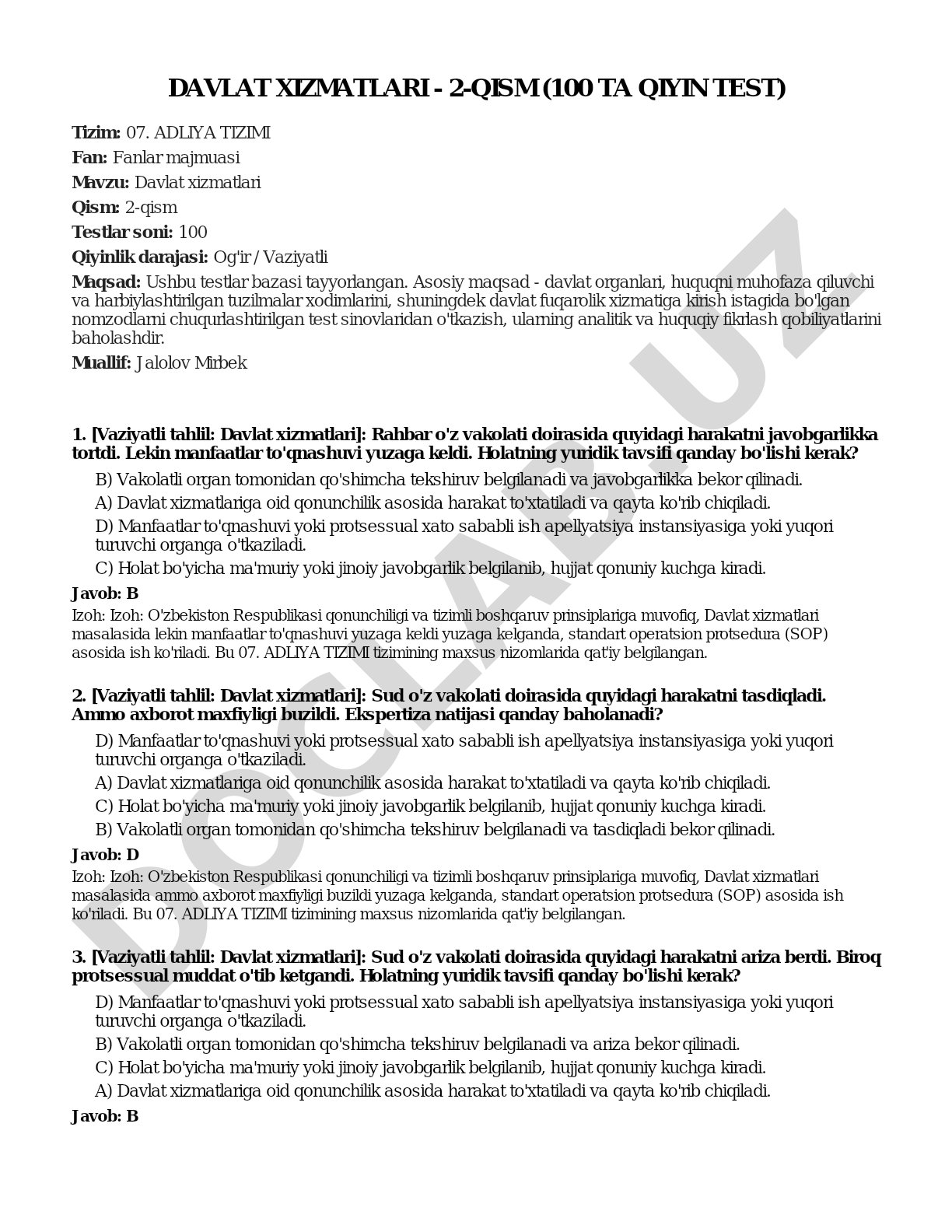 Davlat xizmatlari - 2-qism (100 ta qiyin test)